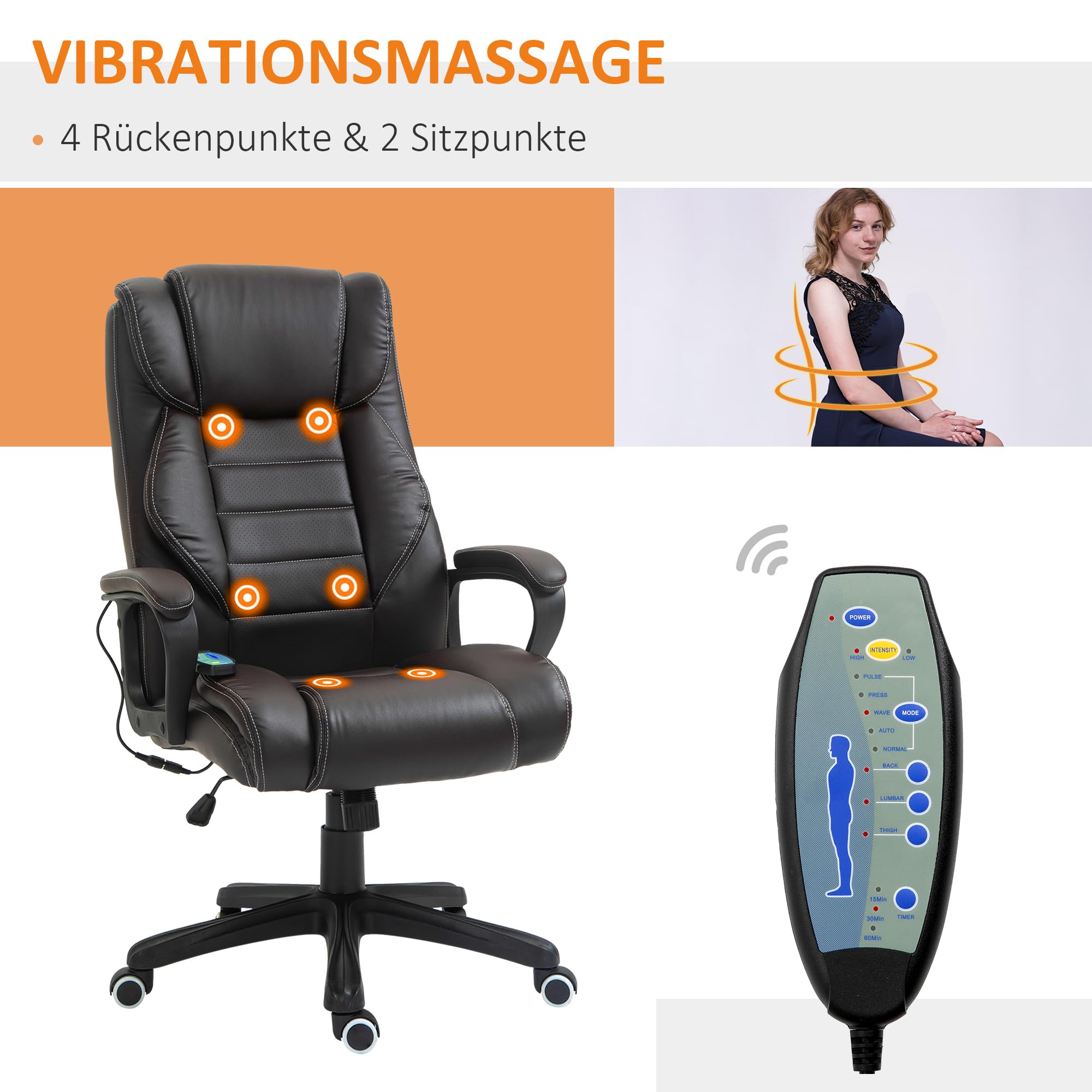 Vinsetto Bürostuhl mit Massagefunktion, Ergonomischer Chefsessel mit Vibrationsmassage, Wippfunktion, Höhenverstellbarer Schreibtischstuhl Drehstuhl, Braun