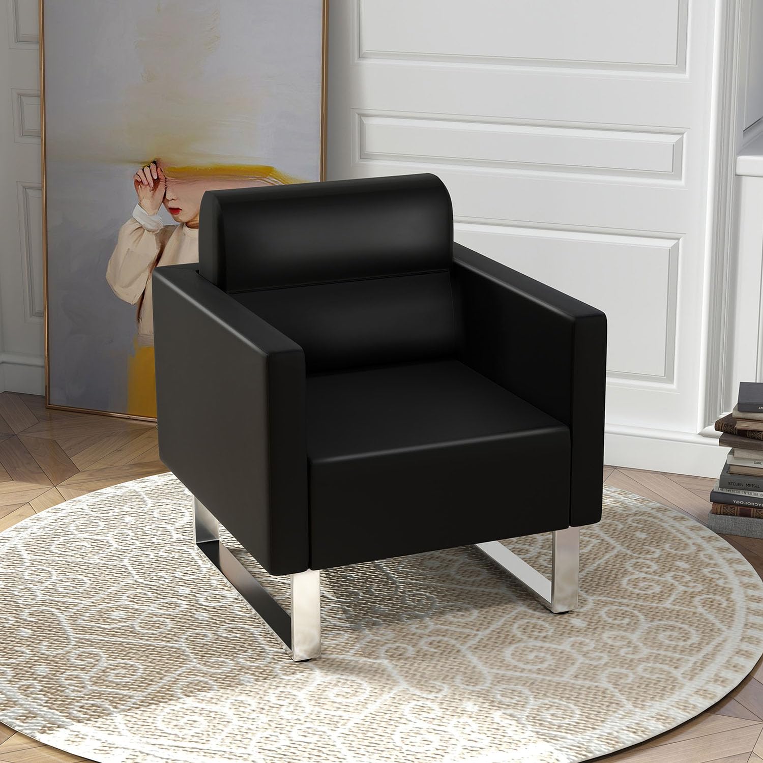 Office Guest Reception Chair, Leather Waiting Room Chair with Arms and Soft Cushion, Modern Heavy Duty Lobby Sofa Chair with Stainless Steel Frame Hold Up to 400LBS (Black)