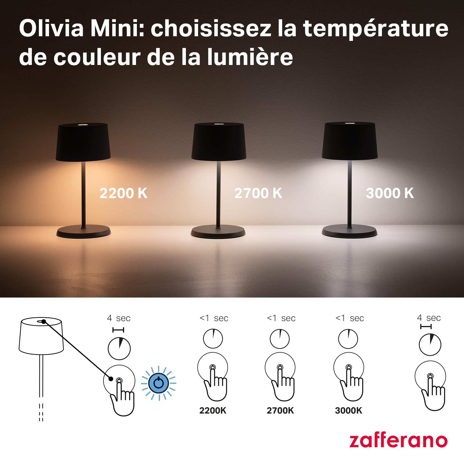 Zafferano, Lampe Olivia Mini, Lampe de Table Portable et Rechargeable avec Contrôle Tactile, Convient pour le Salon et l'Extérieur, Dimmer 2200-3000 K, Hauteur 22 cm, Couleur Gris Foncé
