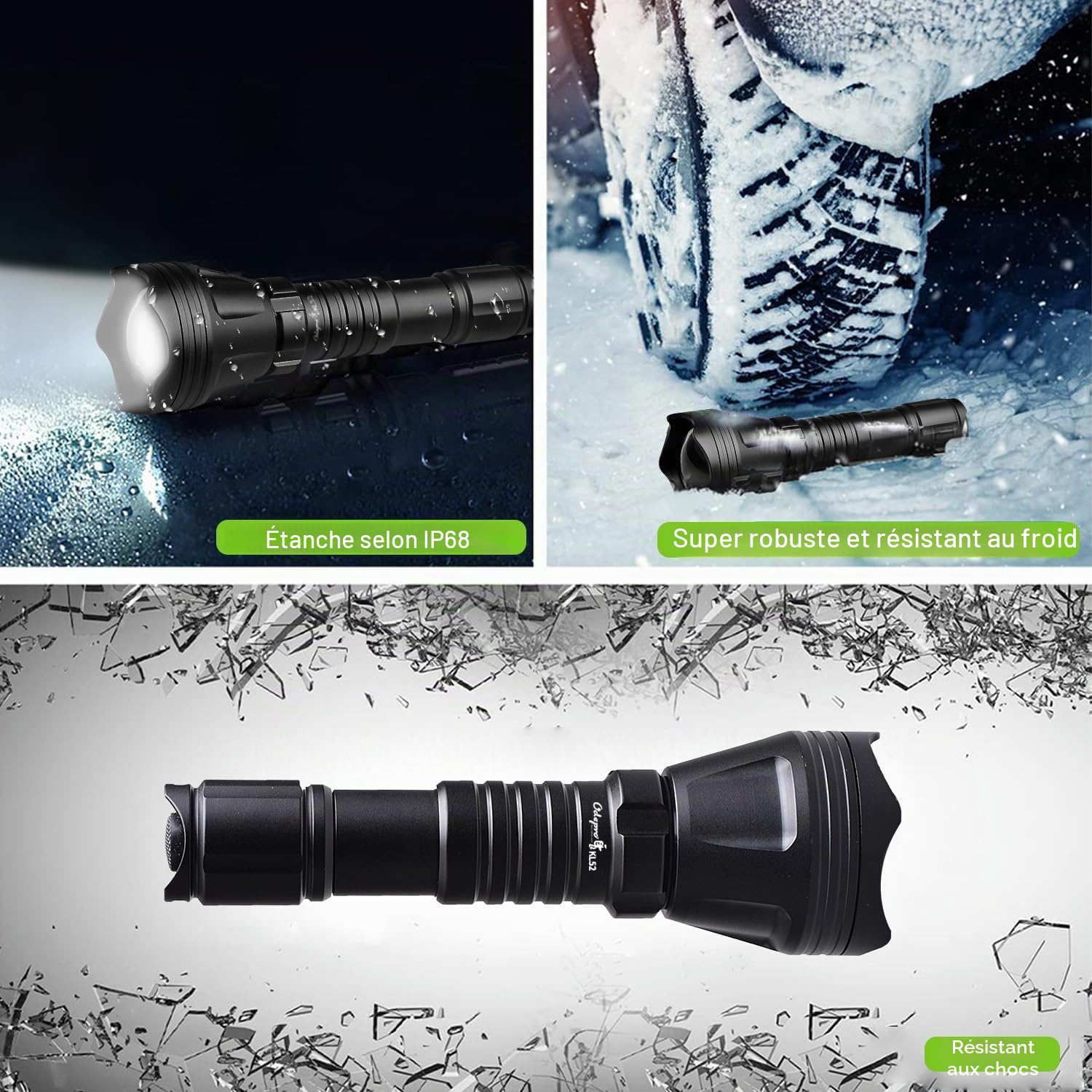 KL52 Plus Lampe Torche Zoom 800 Lumens Rouge Vert IR850 Extérieur | Lampe Tactique IP68, 5 Modes Blanc, 4 LED Remplaçables, Interrupteur Distance,2 Supports Inclus, Exploration Nocturne,Camping