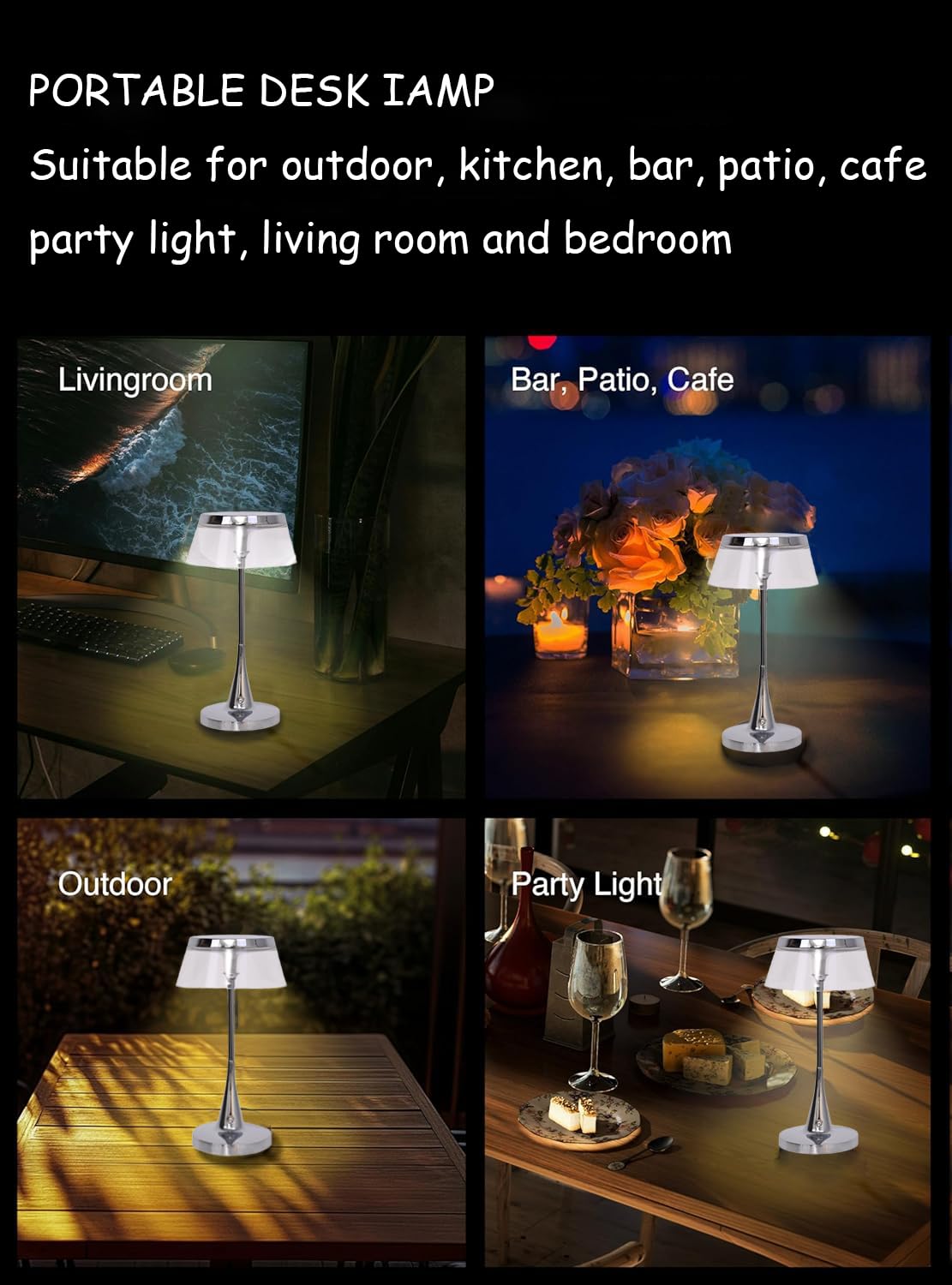 LED Tischleuchte Kabellos Touch Dimmbar Akku Tischlampe USB-C Aufladbar 3 Farbtemperatur Schreibtisch Lampe Nachttischlampe Leselampe 3000K-6000K für Schlafzimmer Restaurant Bar Camping Balkon