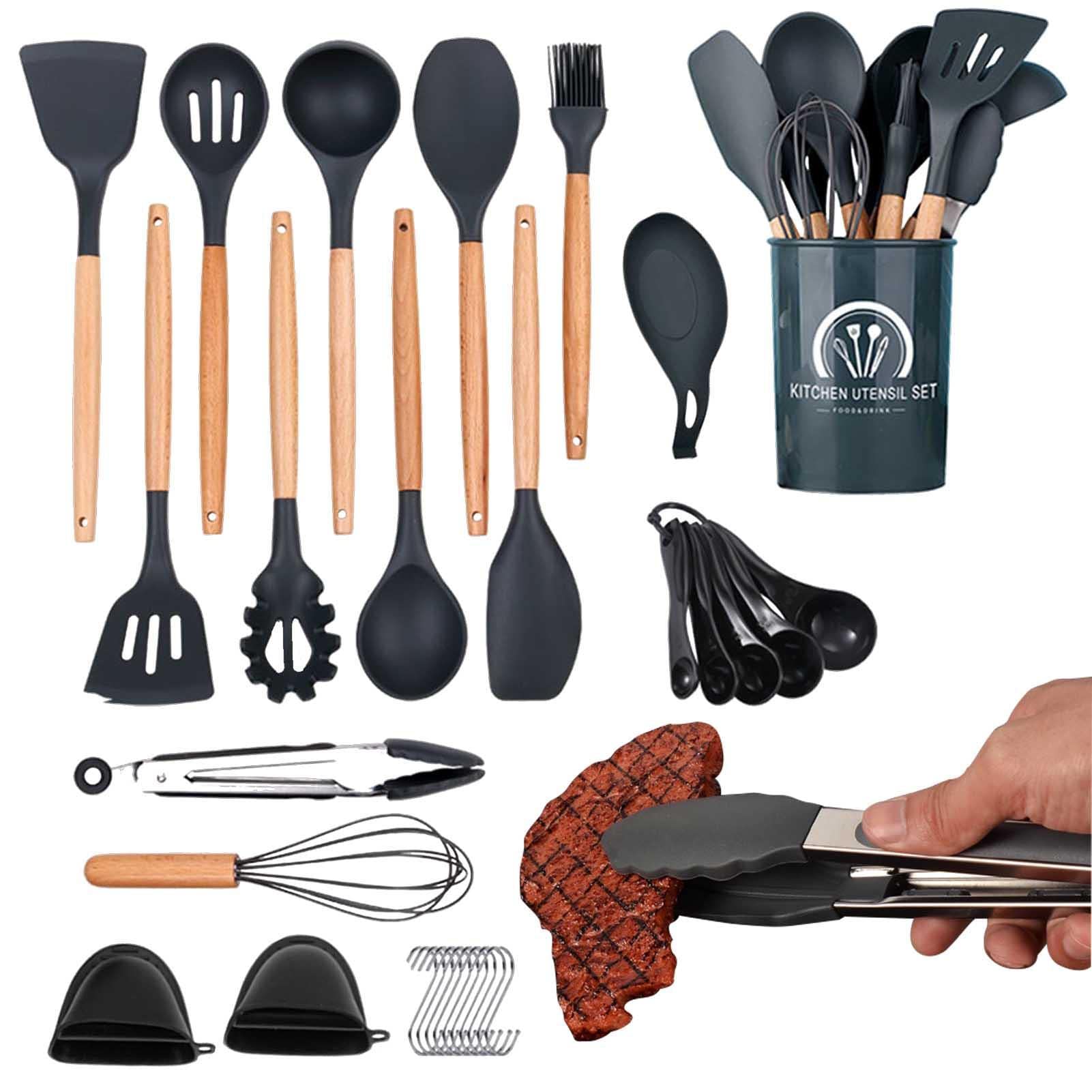 Cucina Silicone | Set da Cucina in Silicone con Manico in Legno | 30 pezzi, silicone antiaderente resistente al calore, set da cucina senza BPA