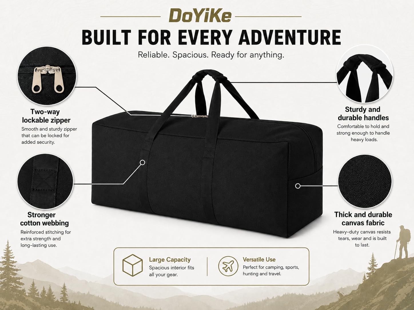 DoYiKe Extra große Reisetasche aus Segeltuch, strapazierfähig, für Reisen, Sport, Militär, Camping, Zelt, Schwarze Seitenöffnung, XX-Large, Robust und strapazierfähig
