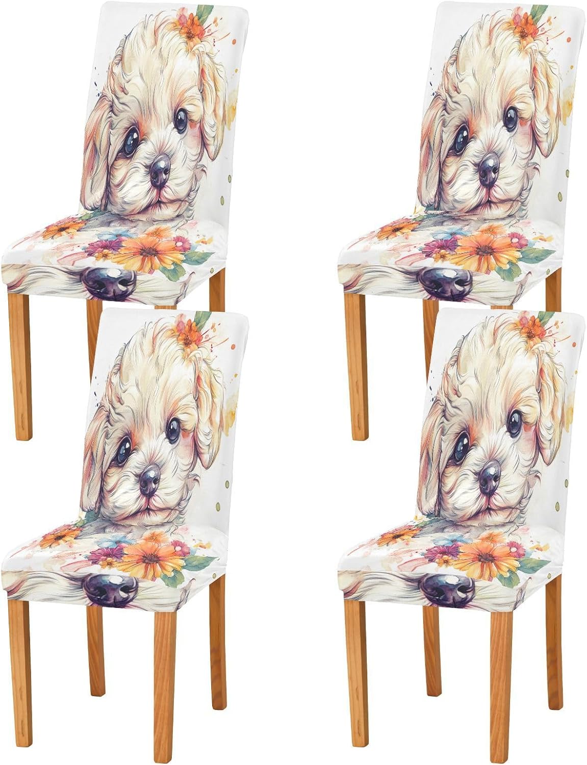 ALAZA Chair Covers for Dining Room, Watercolor Puppy and Flower Stretch Chair Cover Sets Chair Protector Removable Washable for Ktichen Restaurant Hotel