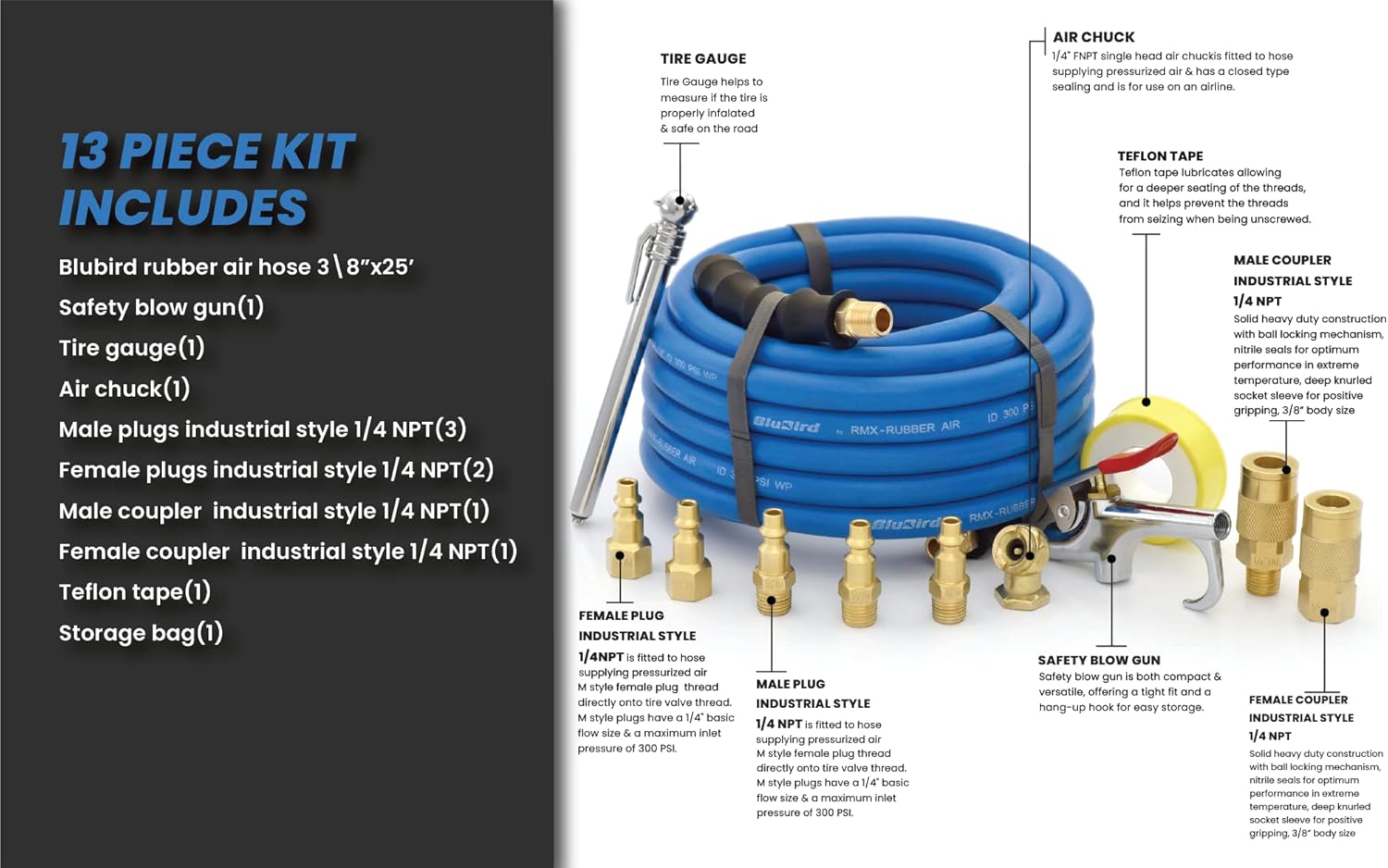 BLUBIRD BB3825KIT 3/8" x 25' Air Compressor Accessory Kit, 100% Rubber, Lightest, Strongest, Most Flexible, 300 PSI, 50F to 190F Degrees, Ozone Resistant, High Strength Polyester Braided, 13pc - - 