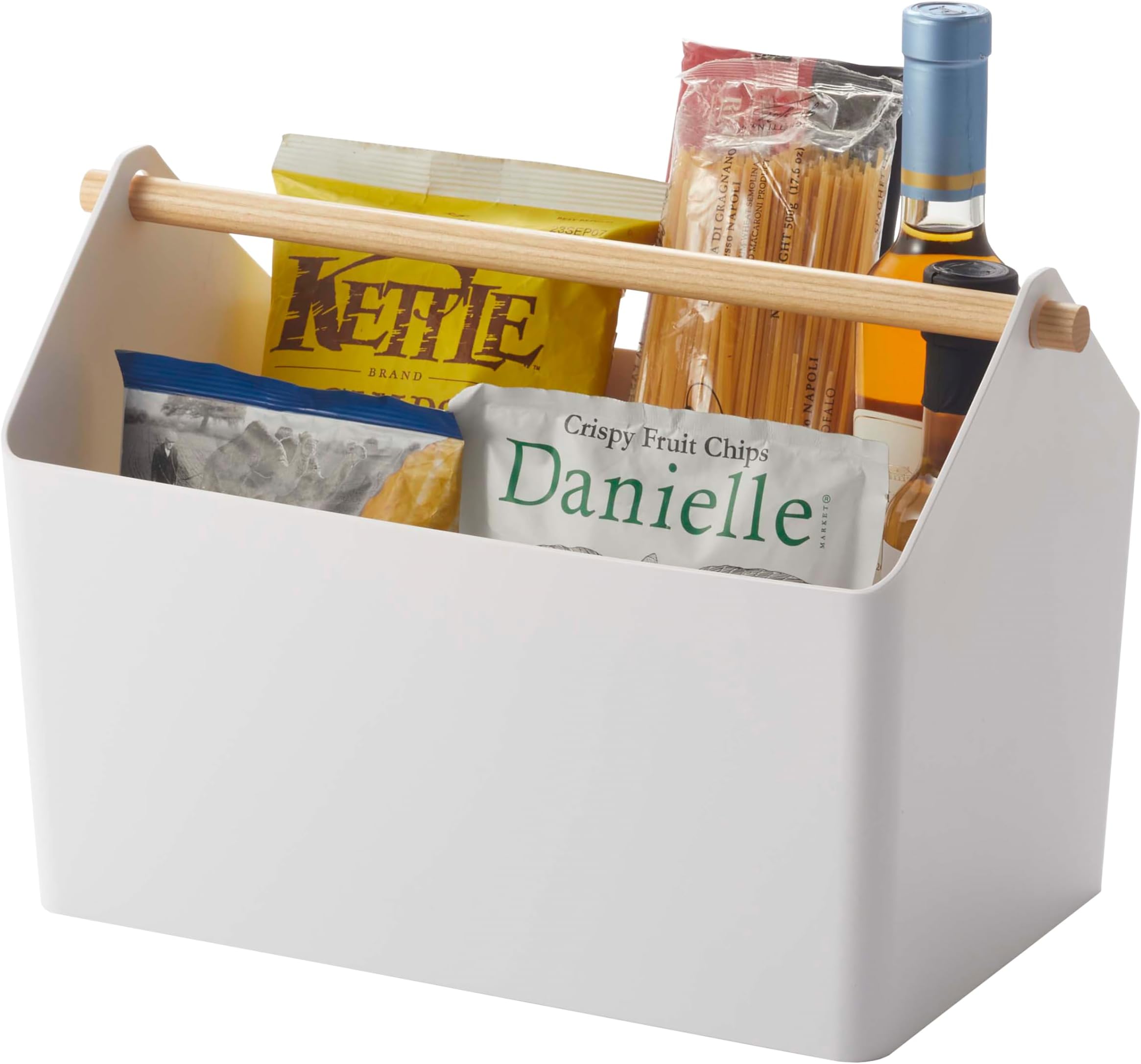 Home Storage Organizer/Cleaning Caddy/Storage Basket with Handle Plastic + Wood One Size White