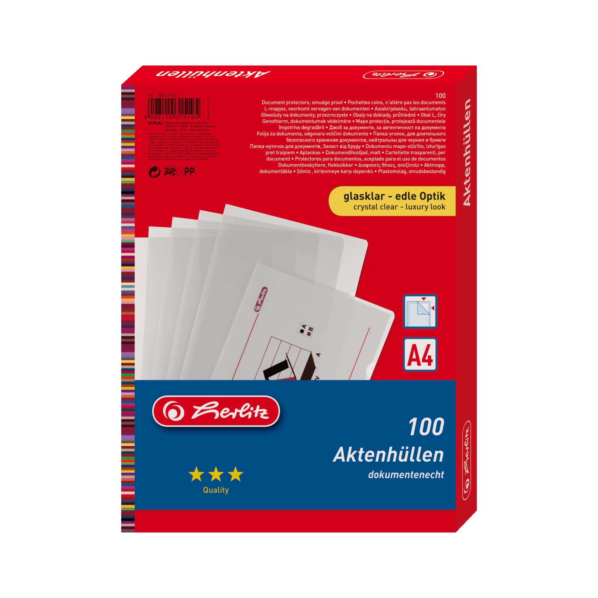 Herlitz 10843746 Aktenhülle A4 Standard, PP, 0,11 mm, transparent glasklar 100er Packung (1000-er Pack, Glasklar)