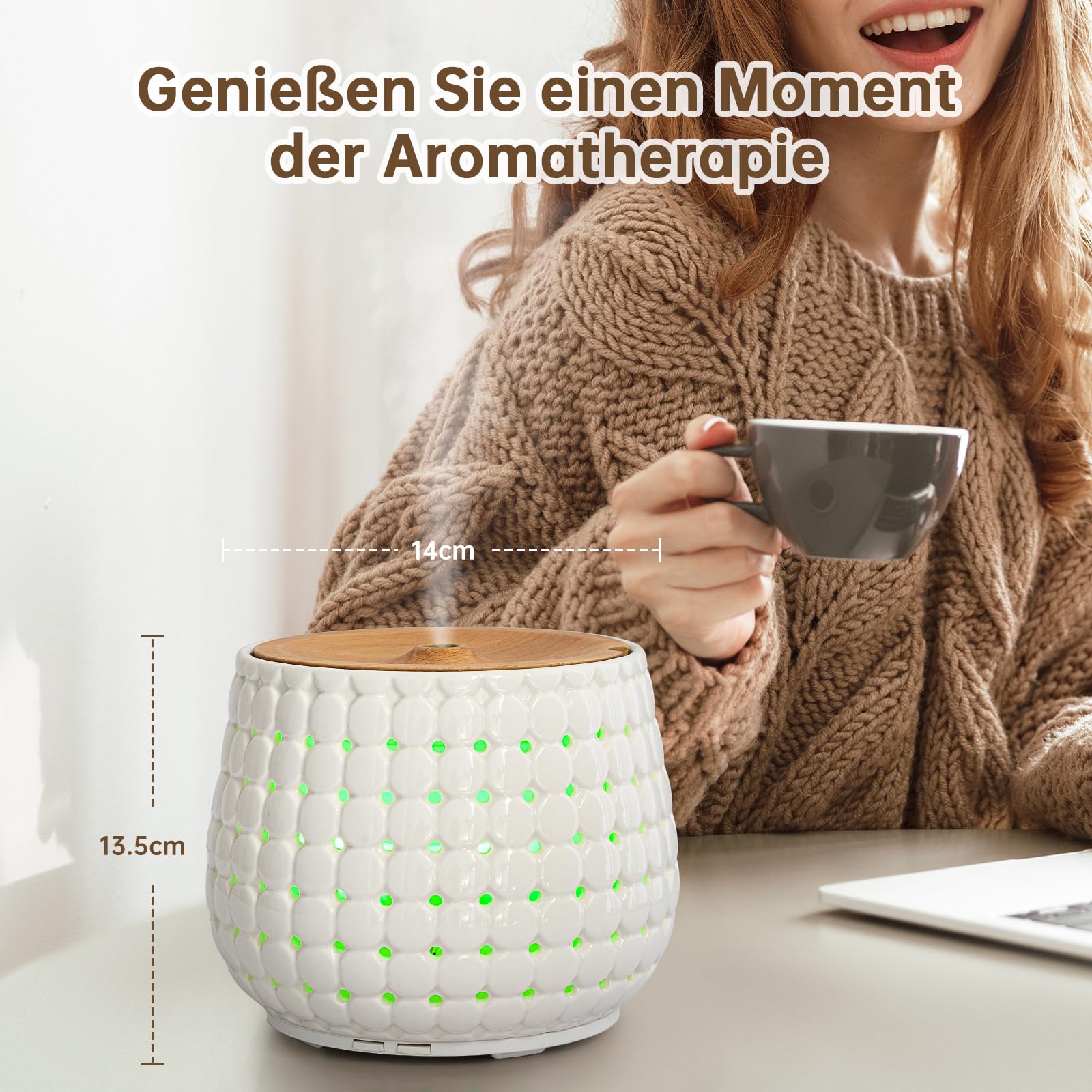 Weißer Keramik-Öl-Diffusor für ätherische Öle großen Raum, 250ml Aromatherapie-Öl-Diffusor kühlen Nebel Luftbefeuchter mit 7 Farben Lichter 2 Nebel-Modi