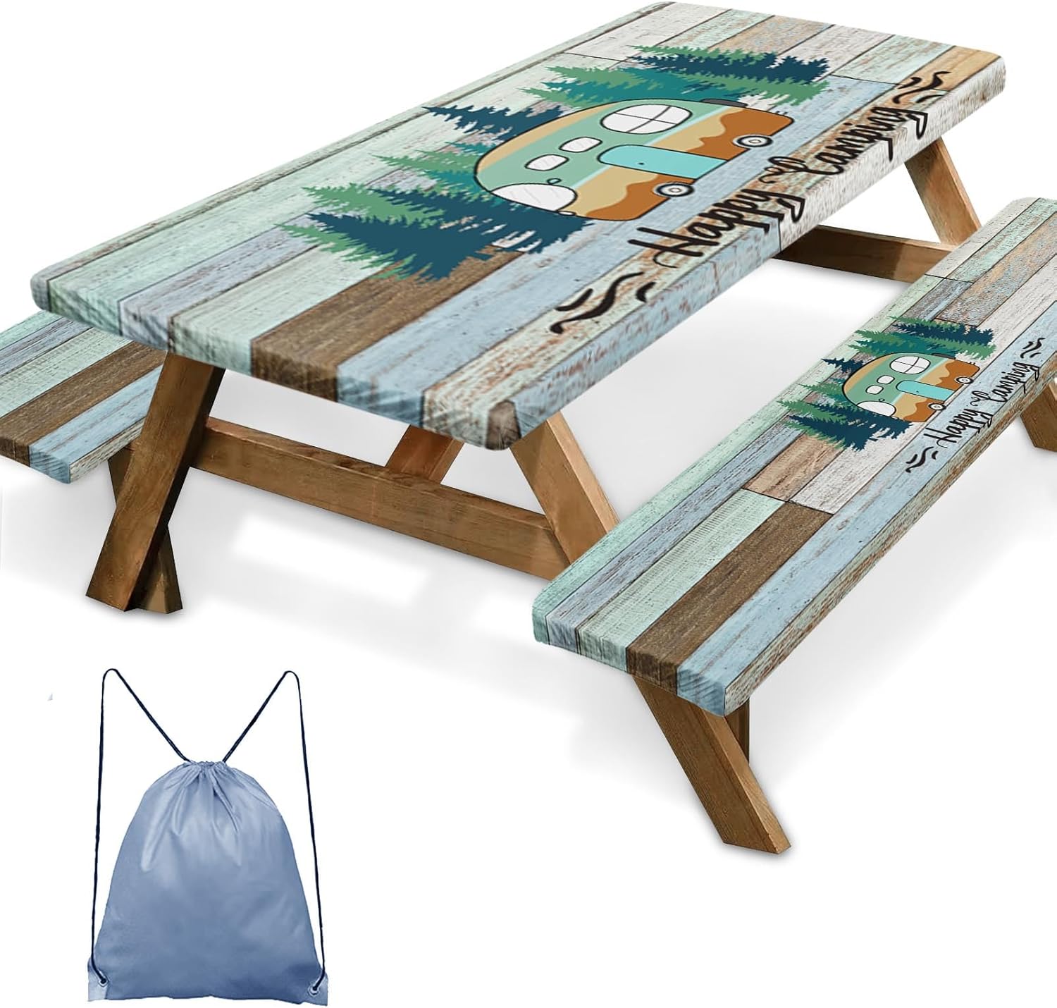 Picnic Table Cover with Bench Covers Elastic Edges, Wooden Camper Fitted Table Cover, Outdoor Patio Camping Essentials 96 Inch 3PCS, Waterproof Camping Fitted Tablecloth with Drawstring Bag