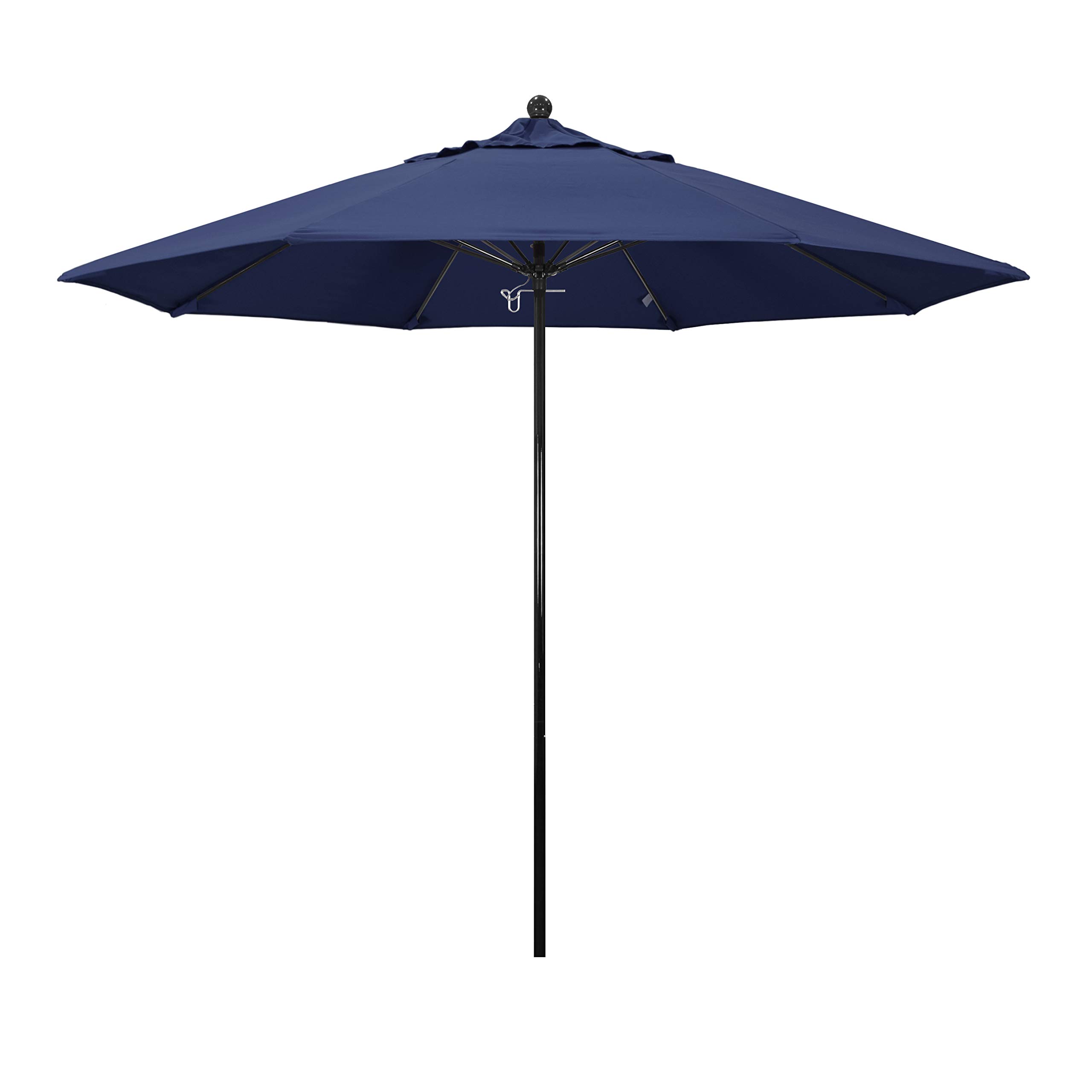 California Umbrella 9' Round 100% Fiberglass Frame Market Umbrella, Push Lift, Black Pole, Navy Blue Olefin