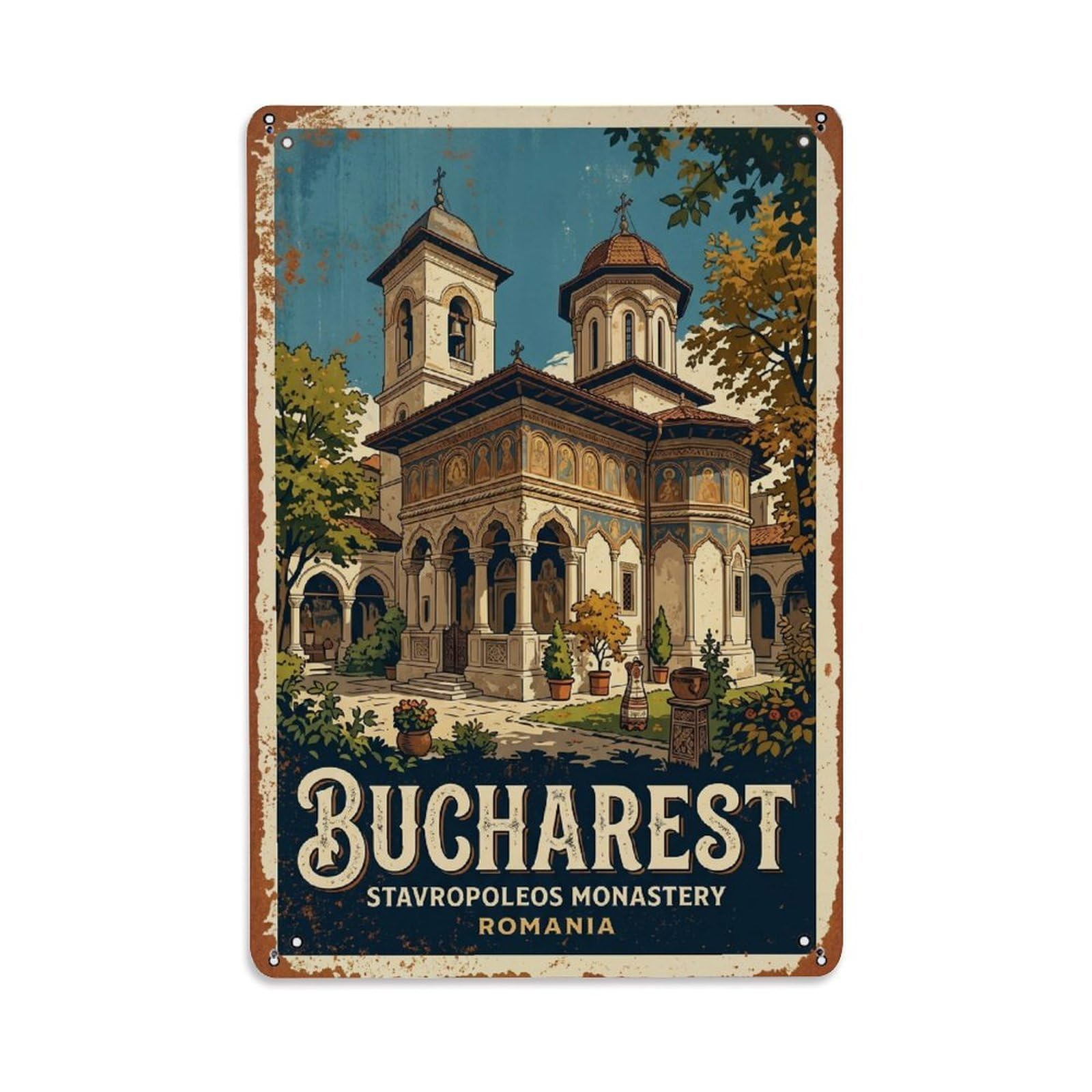 Vintage Travel Bucharest Stavropoleos Monastery Church Romania Metal Tin Sign Plaque Wall Decor for Cafe, Club Bar, Office, Home Garden Metal Poster 8x12Inch