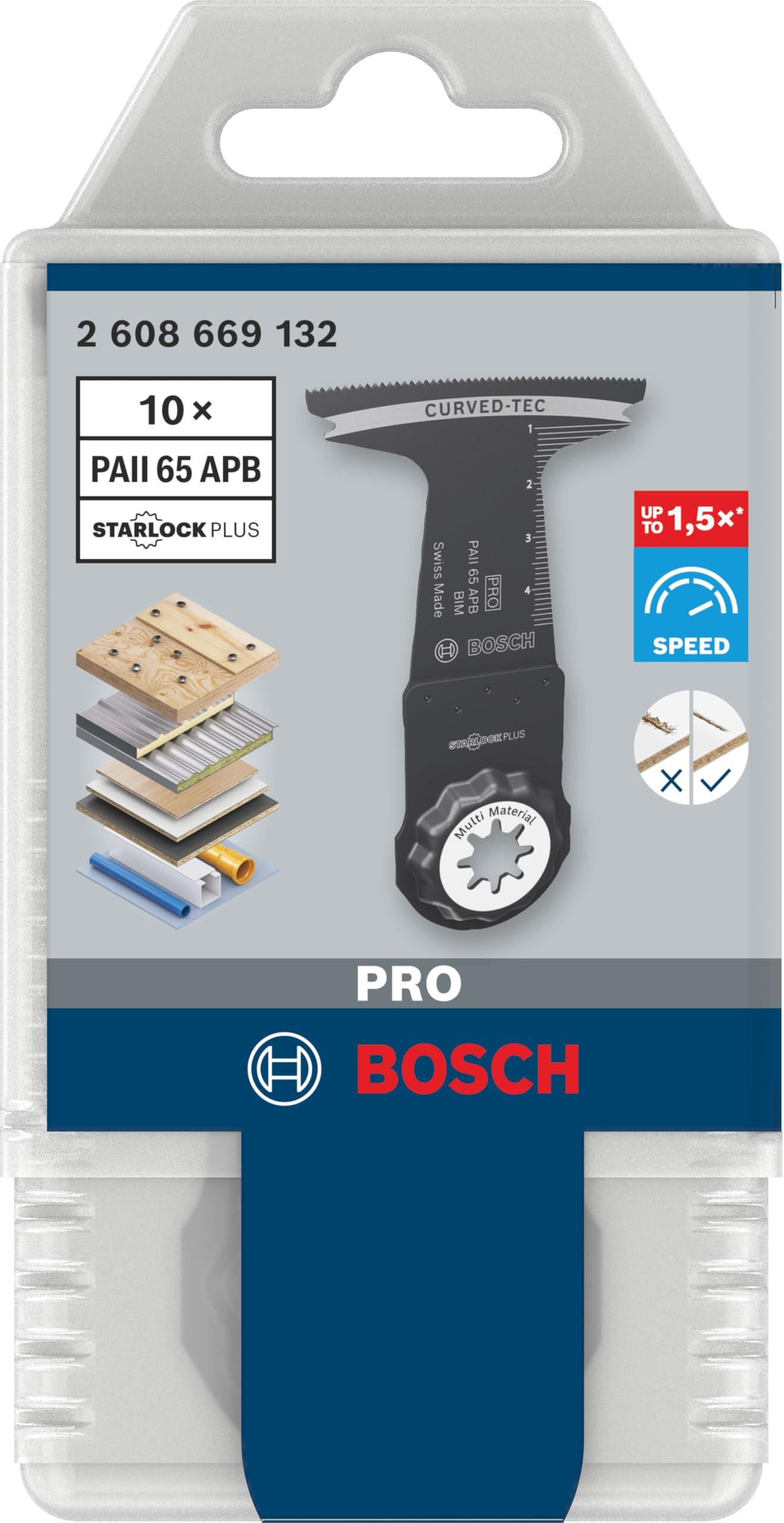 Bosch 10x Lame pour outil multifonctions PRO Multi Material PAII 65 APB (pour Bois clouté, Métal Sandwich, Largeur 65 mm, Professional Accessoire Outil multifonction)