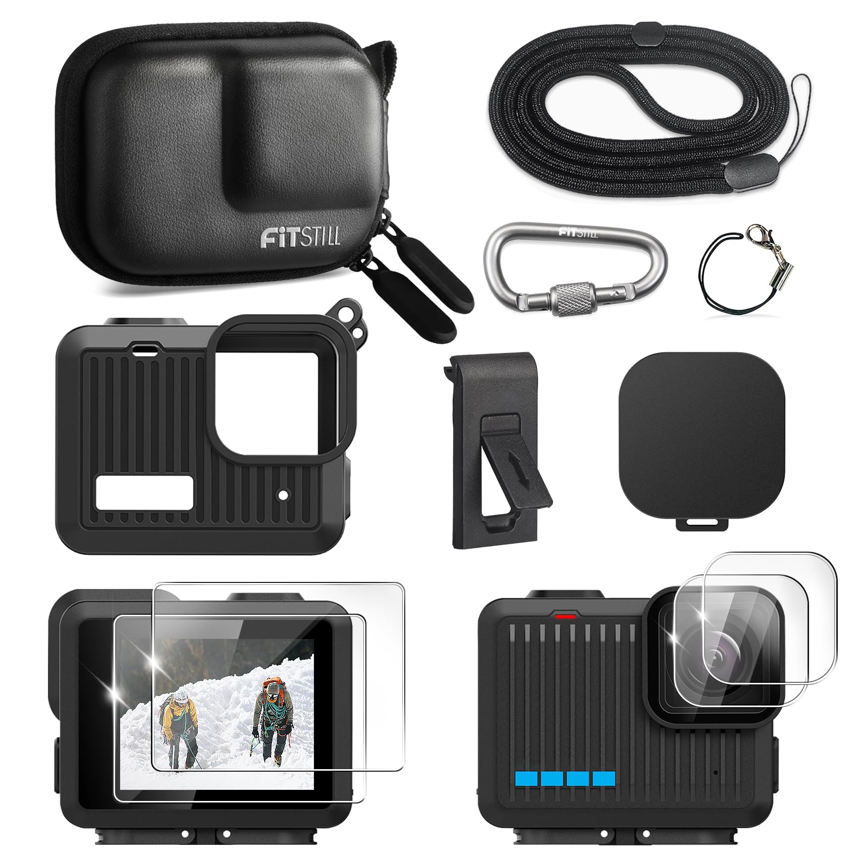 FiTSTILL PU Mini Carrying Case & Silicone Sleeve with Rubber Protection for GoPro Hero 4K(2024), Replaces Battery Side Cover, Lens Caps, Lanyard, & Screen Protectors for Hero-4K Accessories Kit