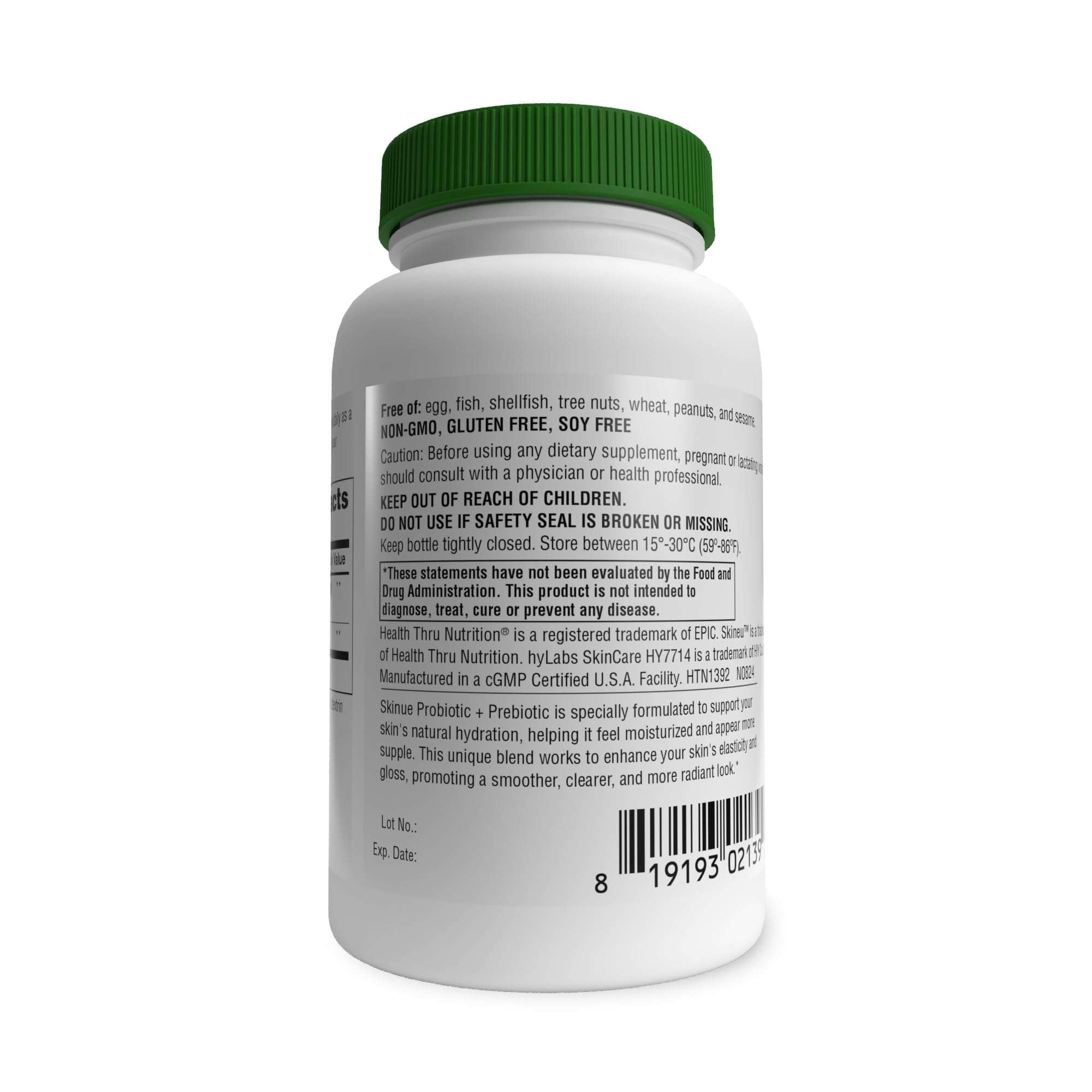 Health Thru Nutrition Skineu - Probiotic + Prebiotic | Supports Skin Hydration & Elasticity | Clinically Studied Ingredients | 3rd Party Tested, Non-GMO & Gluten-Free | 30 VegeCapsules — Amazon image 4