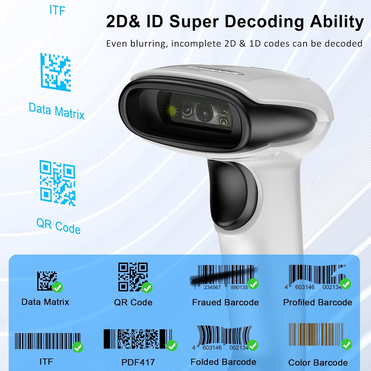 Symcode Bluetooth 2D Barcode Scanner 3-in-1 Wireless & USB Wired & Bluetooth Barcode Reader Scanner 1D 2D QR Code Scanner Automatic Fast Precise Bar Code Scanner for Phone Laptop Tablet White