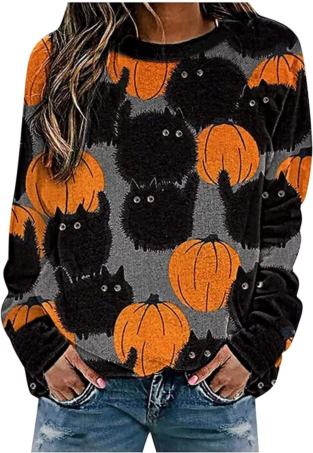 Halloween Pumpkin Sweatshirt Crewneck Pullover - Animal Cat Bat Print Casual Loose Long Sleeve Tops Shirts