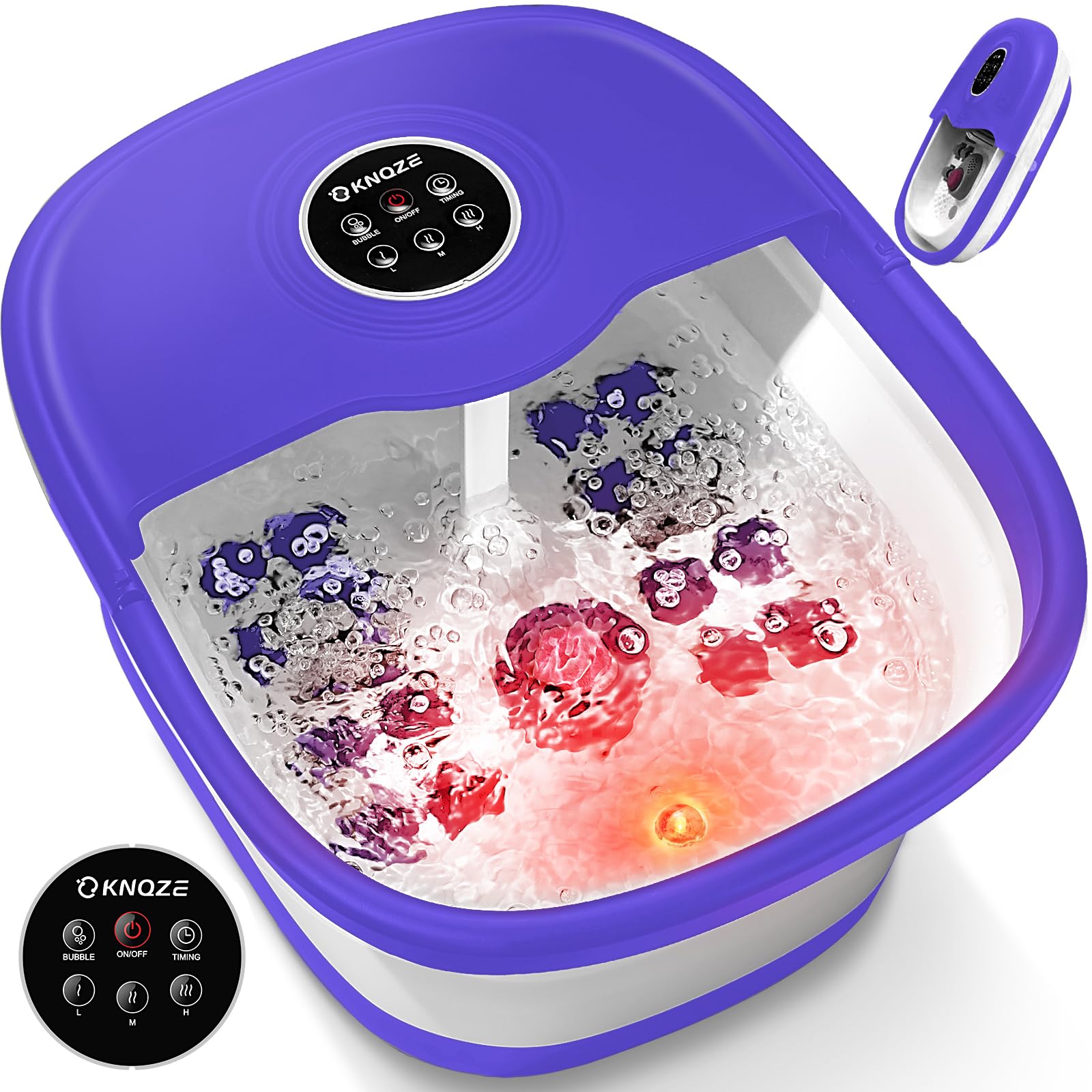 KNQZE Collapsible Foot Spa with Heat, Remote Control, Temperature Control, Bubbles, Pumice Stone, Red Light, Timer, 16 Massage Roller Pedicure Foot Bath Tub Foot Soaker for Feet Stress Relief, Purple