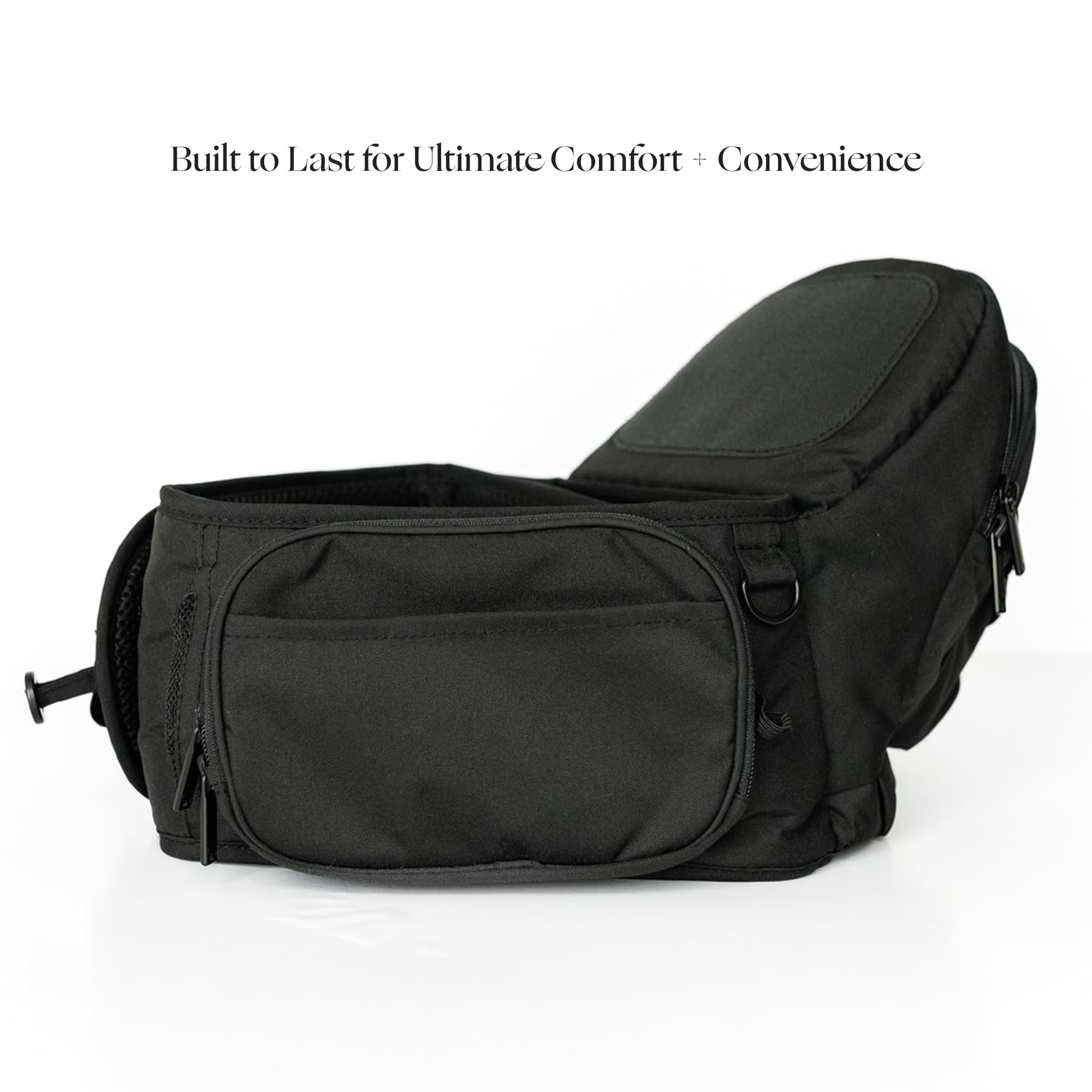 Tushbaby Safety-Certified Hip Carrier for Babies & Toddlers: Machine Washable Child Waist Seat for One Hand Support with Multi-Pocket Storage (23”-44” Waist, Holds Kids 0-3 yrs up to 45lbs) Black