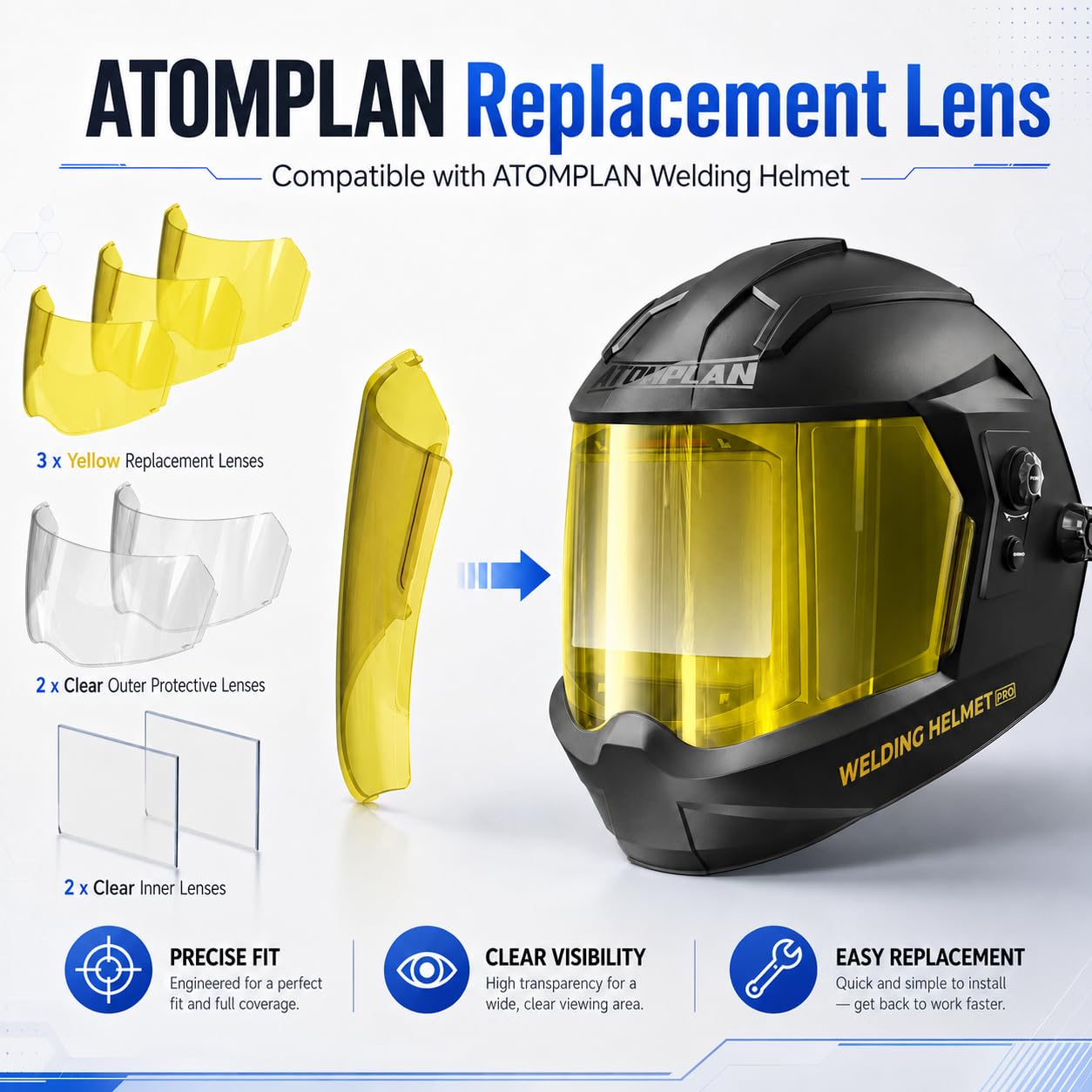 Kit de 7 lentilles de rechange pour casque de soudage - 3 lentilles jaunes et 2 lentilles de protection extérieures transparentes avec 2 lentilles intérieures transparentes, compatible avec