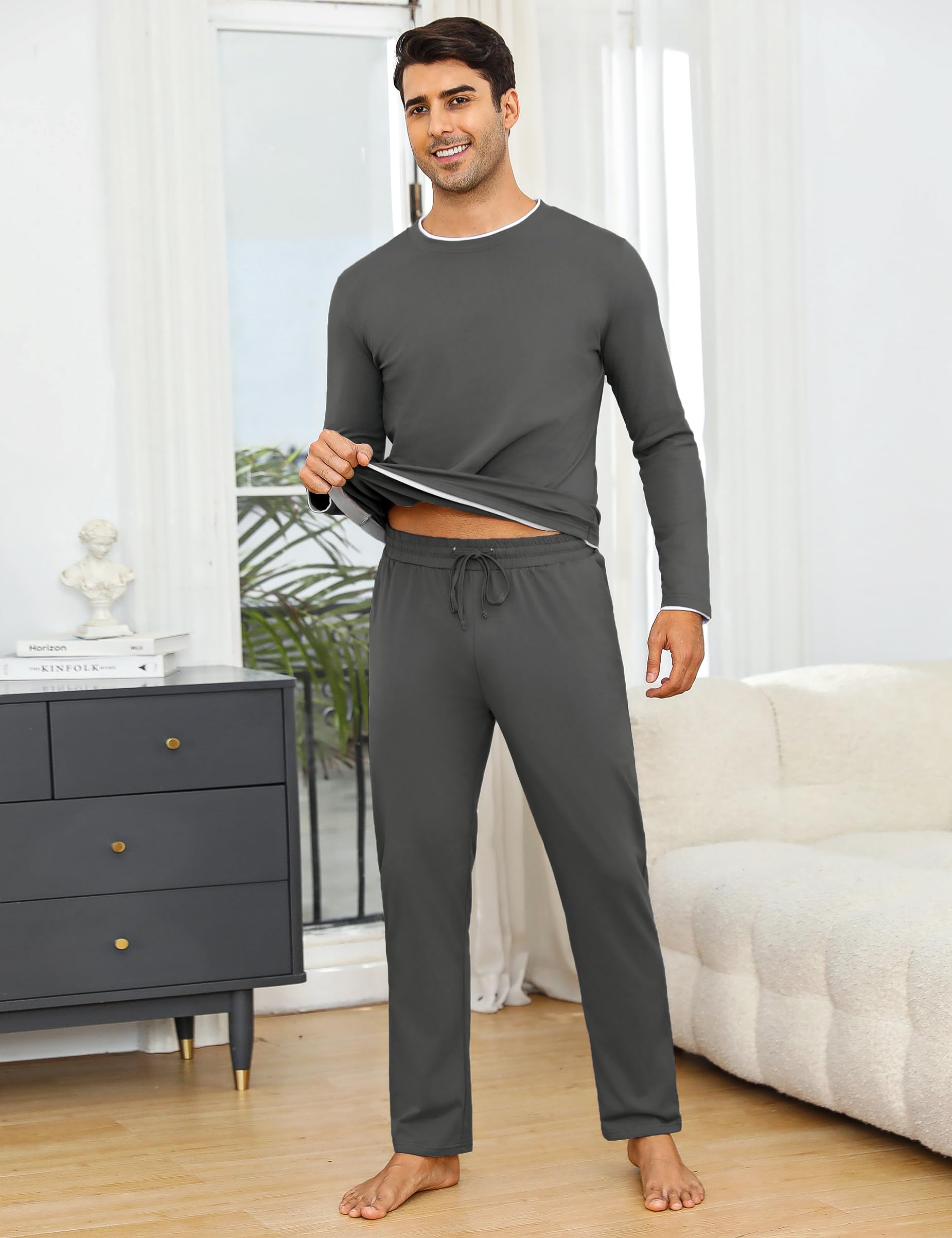 Aseniza Pigiama da Uomo Invernale, Pigiama a Maniche Lunghe in Cotone Semplice ed Elegante Pigiama Morbido Loungewear