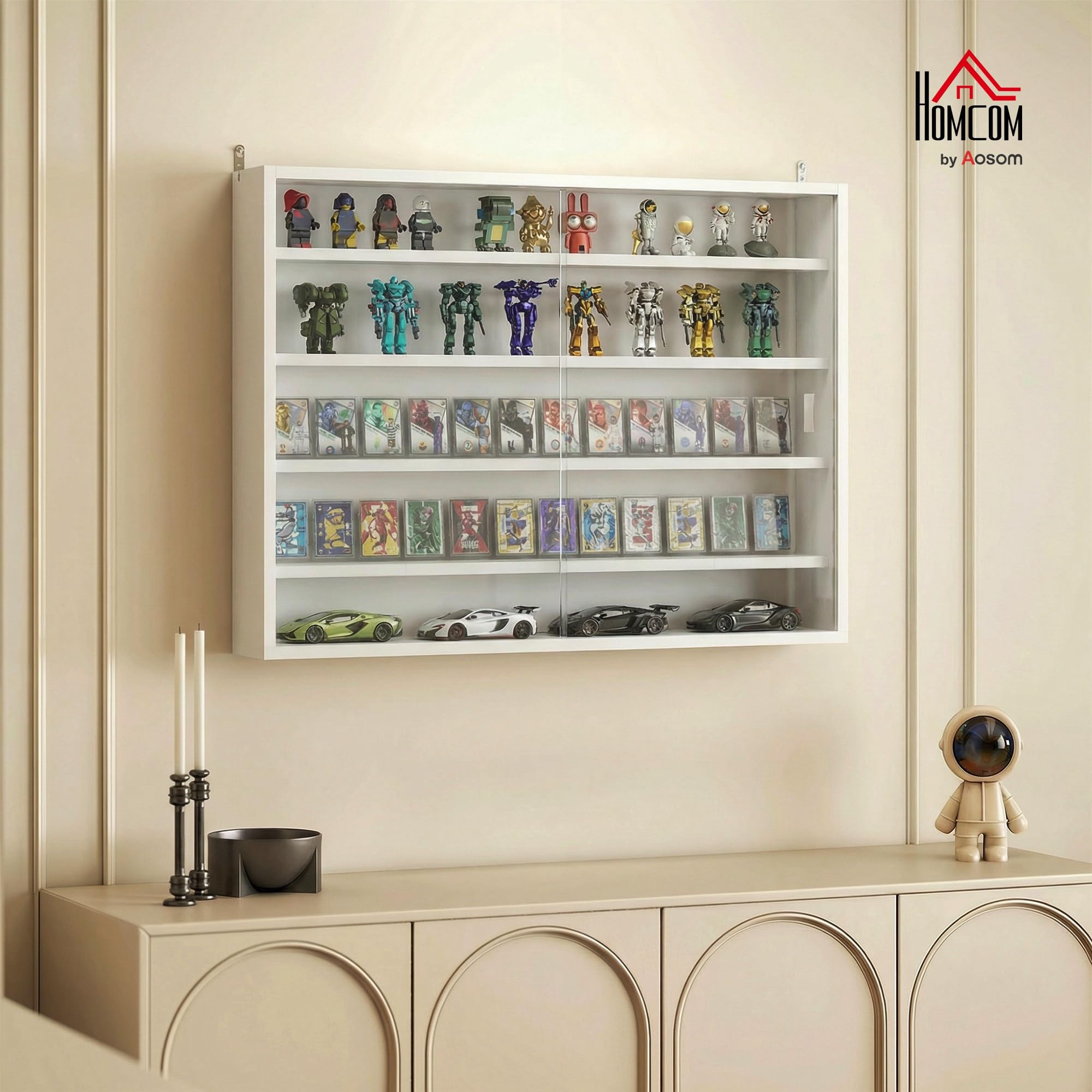 HOMCOM Vetrina espositiva per collezioni a 5 livelli, vetrina da parete, con ripiani regolabili e 2 ante scorrevoli in vetro, per profumi, statuine decorative, 80x9,5x60 cm, bianco