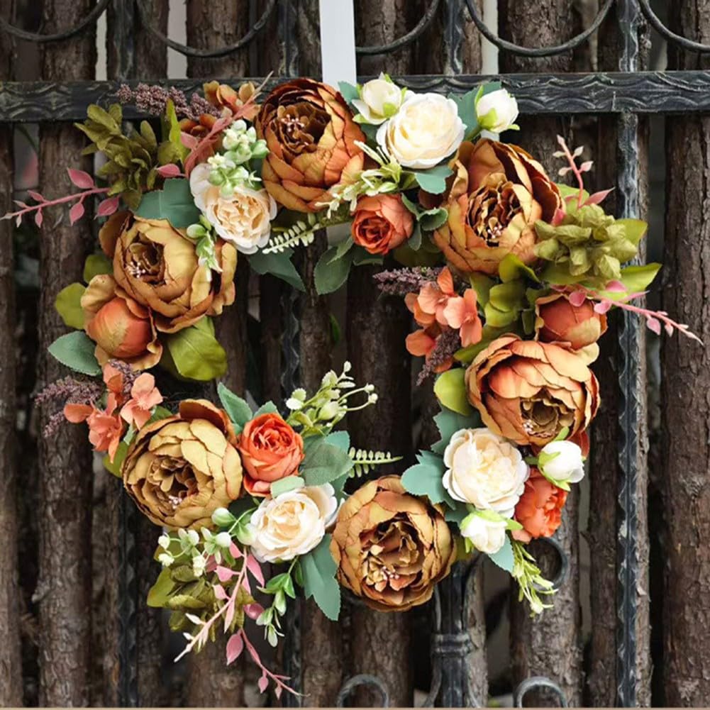 KiraKira Couronne de printemps décorative en plastique avec pivoines, hortensias, baies pour usage extérieur et intérieur