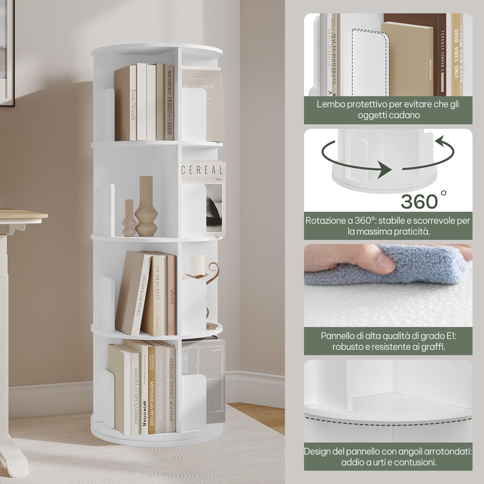 EUGAD Libreria Rotante, Libreria Angolare a 4 Livelli 16 Scomparti, Scaffale Autoportante per Soggiorno, Camera da letto, Ufficio, Studio, in Legno, Bianco