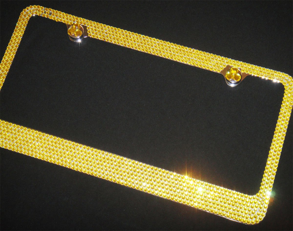 Bling YELLOW Crystal Rhinestone-Metal Chrome License Plate Frame with Two Caps(YELLOW-C Type)