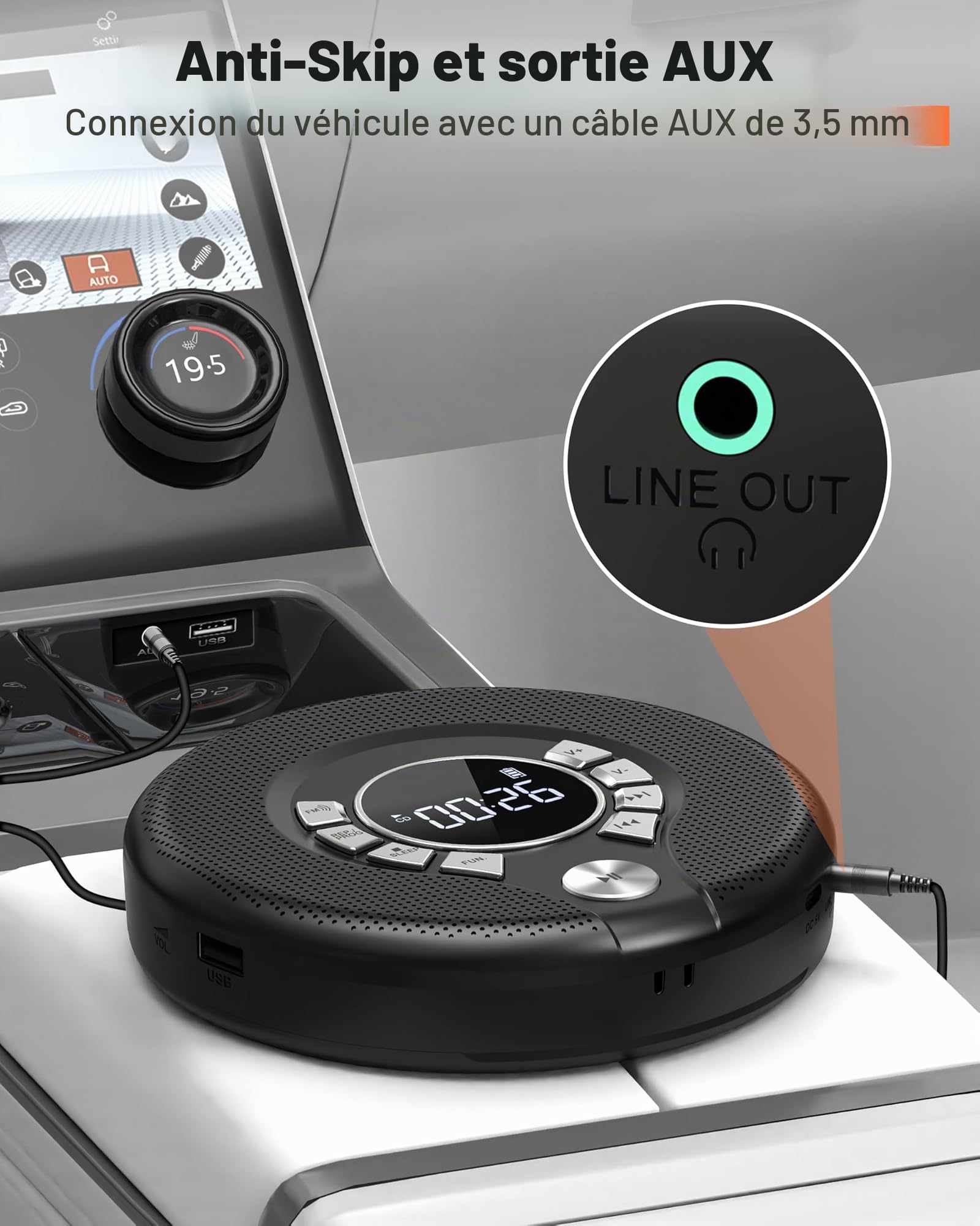 Lecteur CD Portable Greadio avec écouteurs, Lecteur CD Discman avec Fonction Anti-Saut/résistant aux Chocs et Batterie Rechargeable de 2000 mAh, émetteur FM Compatible, Port USB, Sortie AUX