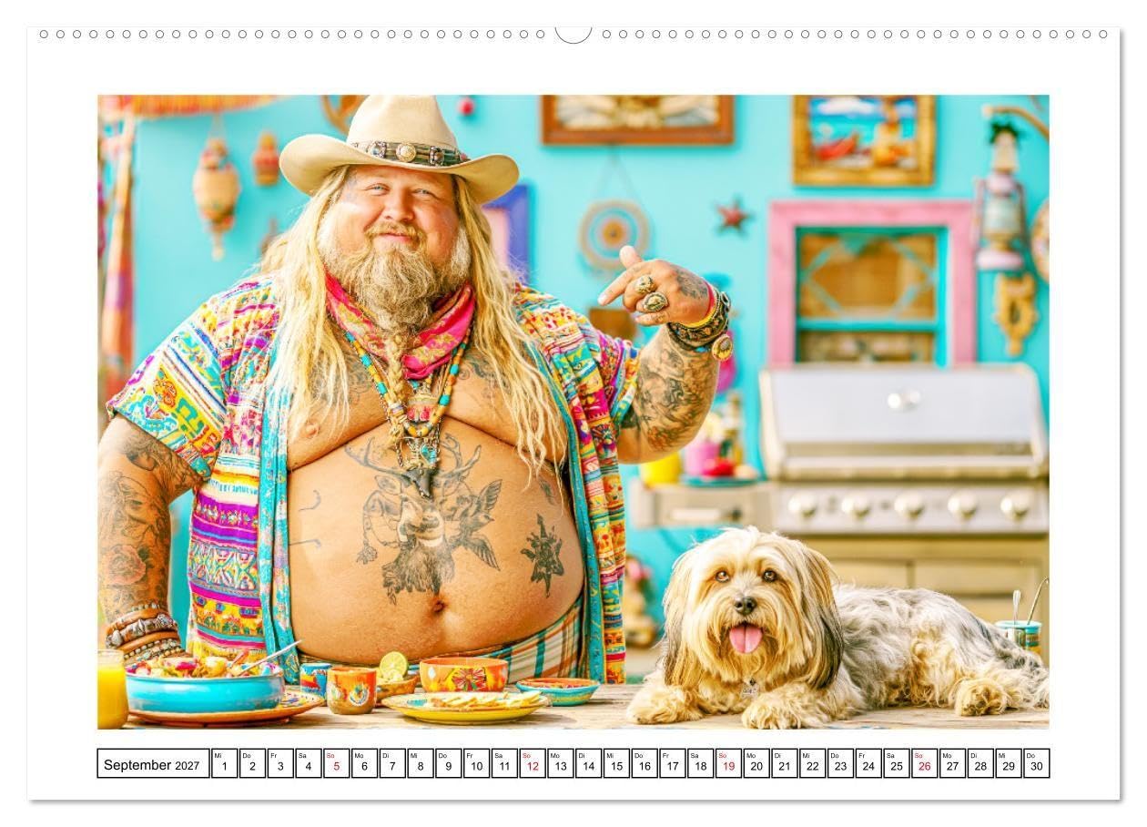 Schwere Jungs mit Hund. Pfundskerle, Humor und gute Laune (hochwertiger Premium Wandkalender 2027 DIN A2 quer), Kunstdruck in Hochglanz: Humorvolle ... Männern und ihren Hunden (CALVENDO Spass)