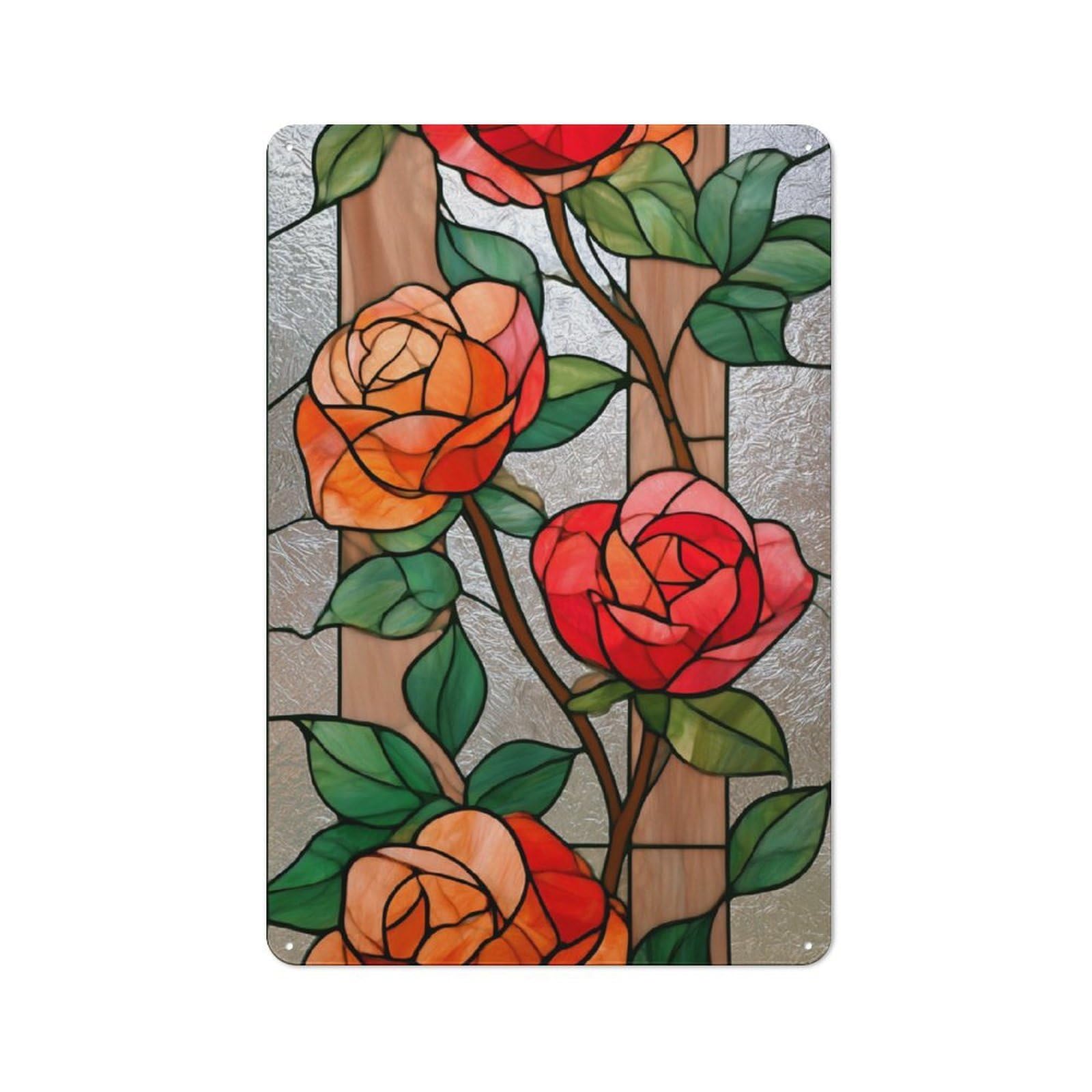 Jubonexis Stained Glass Red Orange Roses Tin Metal Signs Wall Art Decorations for Bar Pub Club Cafe Room Farmhouse White 30x20cm