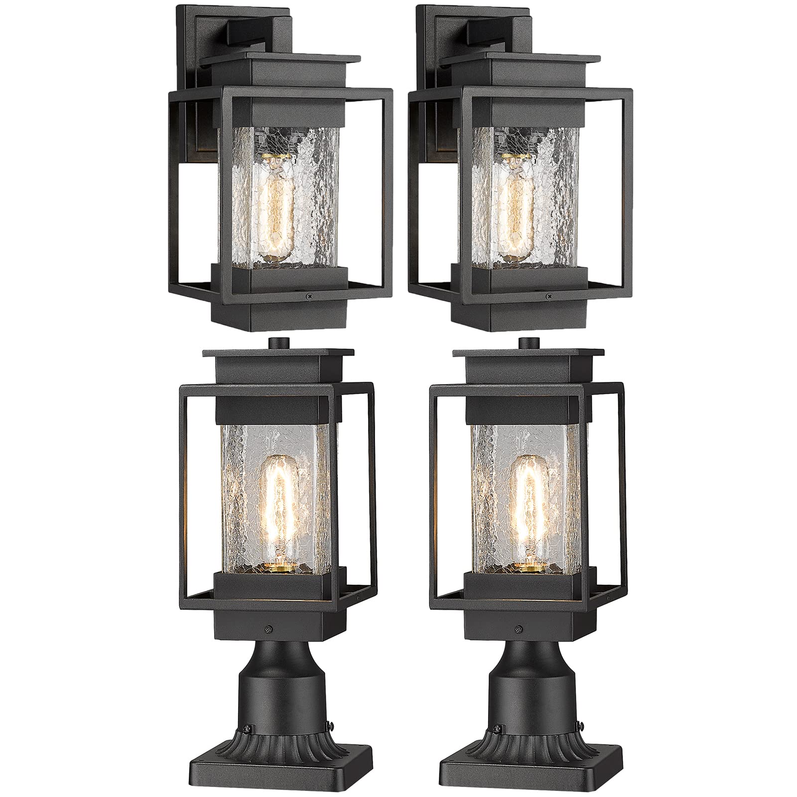 Outdoor Light Sets, Set of 4 Matching Bundle, Outdoor Wall Light, Outdoor Post Lights with Clear Crack Glass