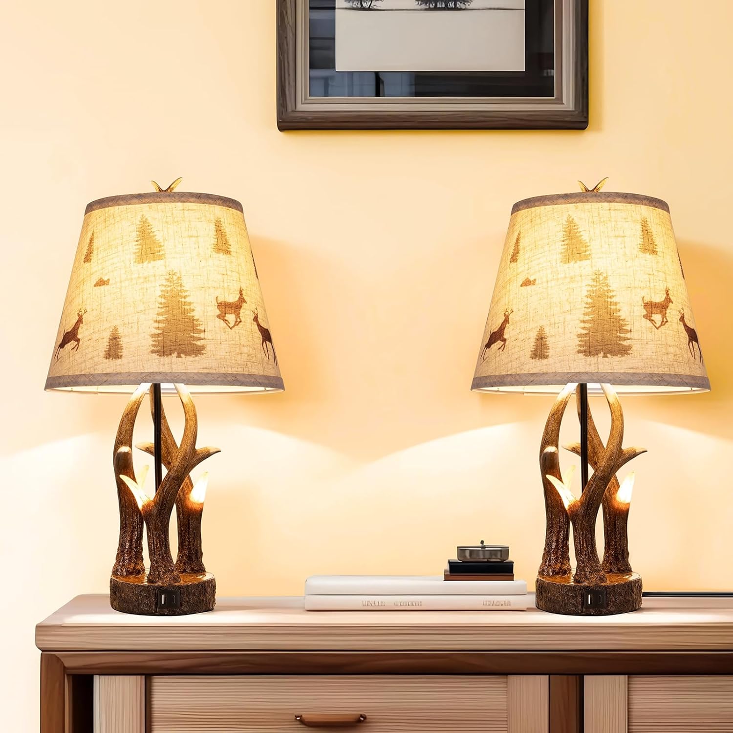 Rustic Antler Table Lamp Set of 2 – Touch-Control 3?Level Dimming, Dual Light Source with Glowing Antler Night Light, USB?C & USB?A Charging Station, Bedroom & Living Room DécorLiving Room