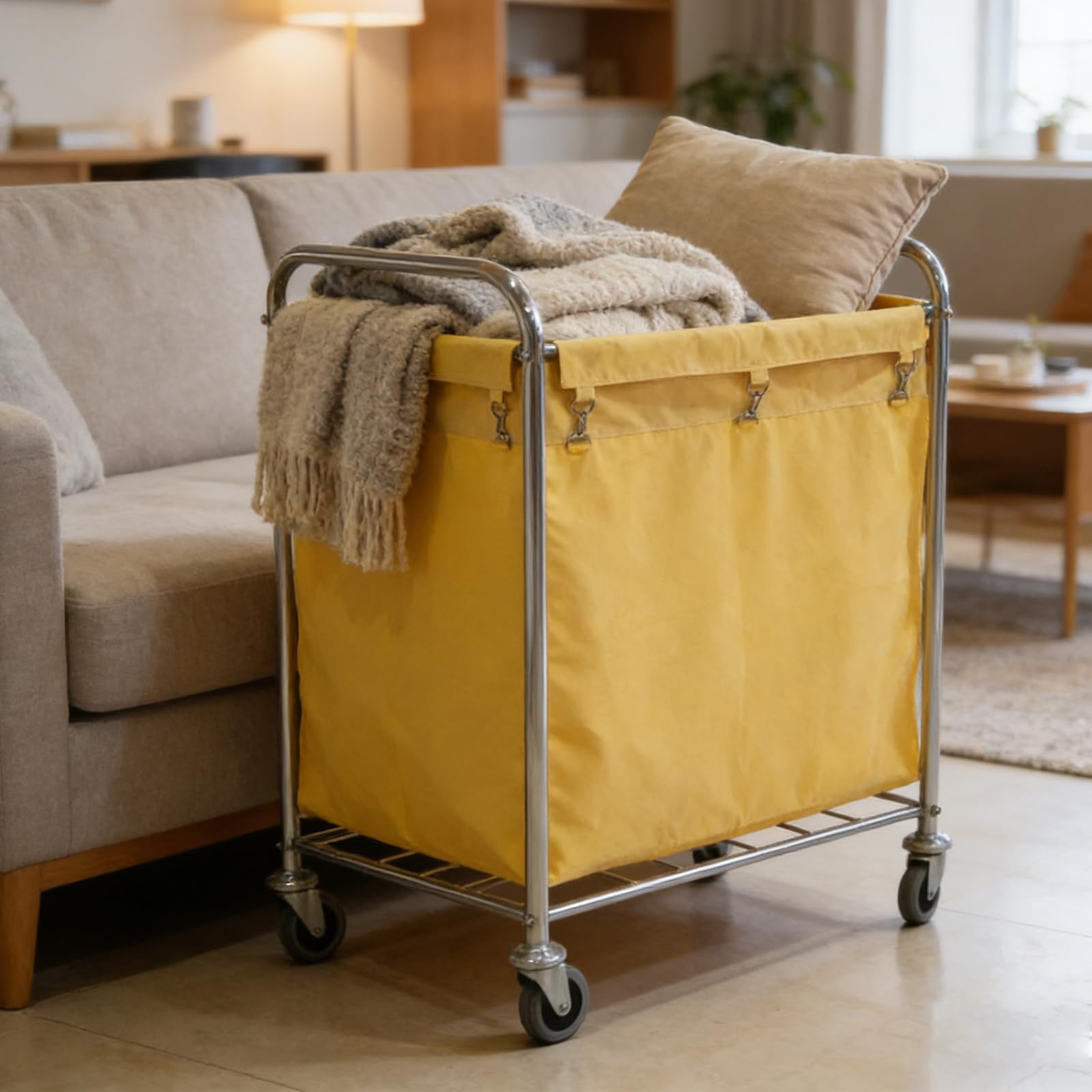 Robuster Roll-Wäschekorb aus Edelstahl mit abnehmbarem wasserdichtem Leinensack, kommerzieller Wäschekorb auf Rädern für Hotel, Haushalt