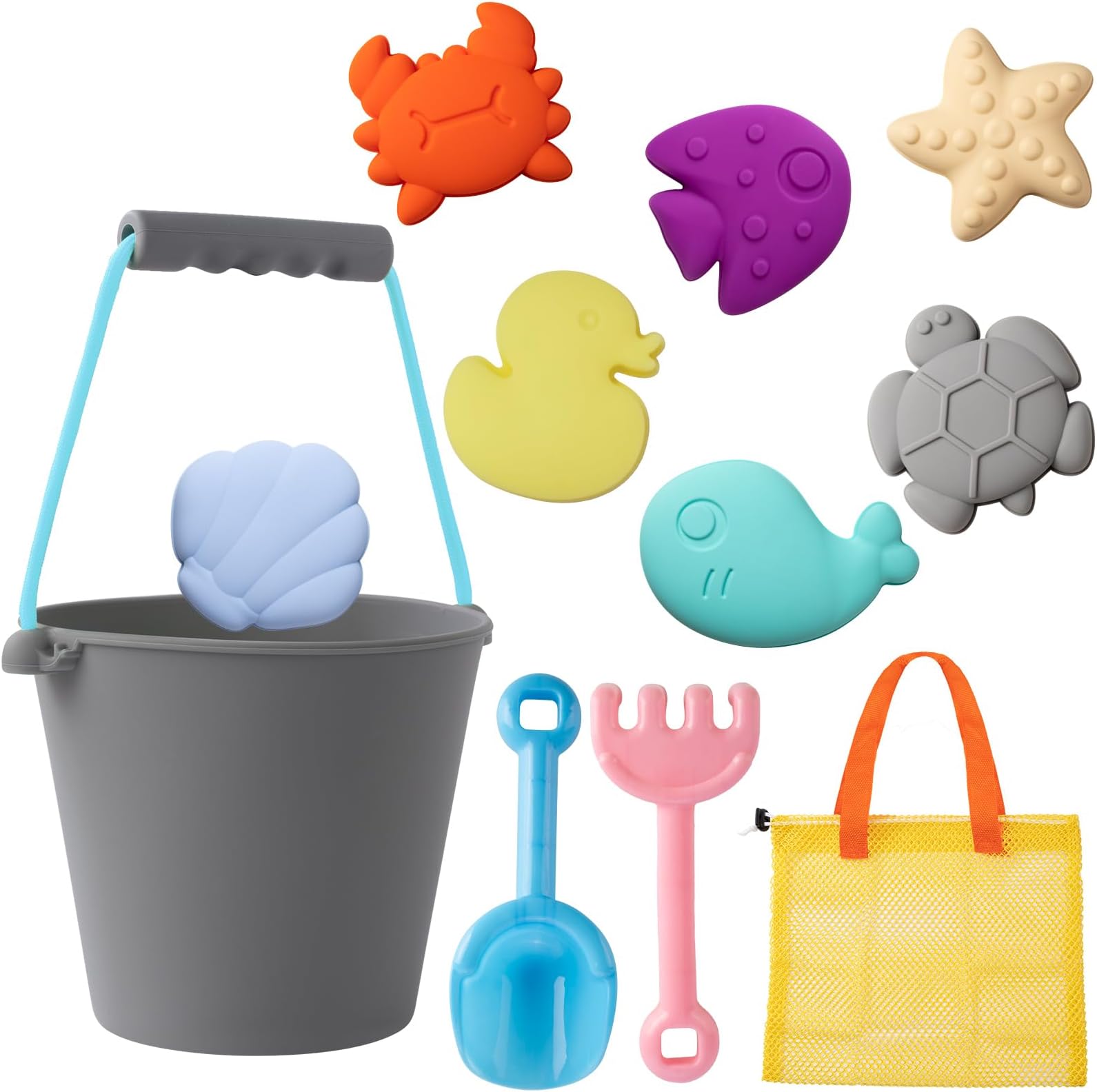 mandoo Silicone Beach Toys Collapsible Beach Buckets Beach Toys for Kids, Bucket and Shovels Set with Mesh Bag Sand Molds (Grey 7 Sand molds)