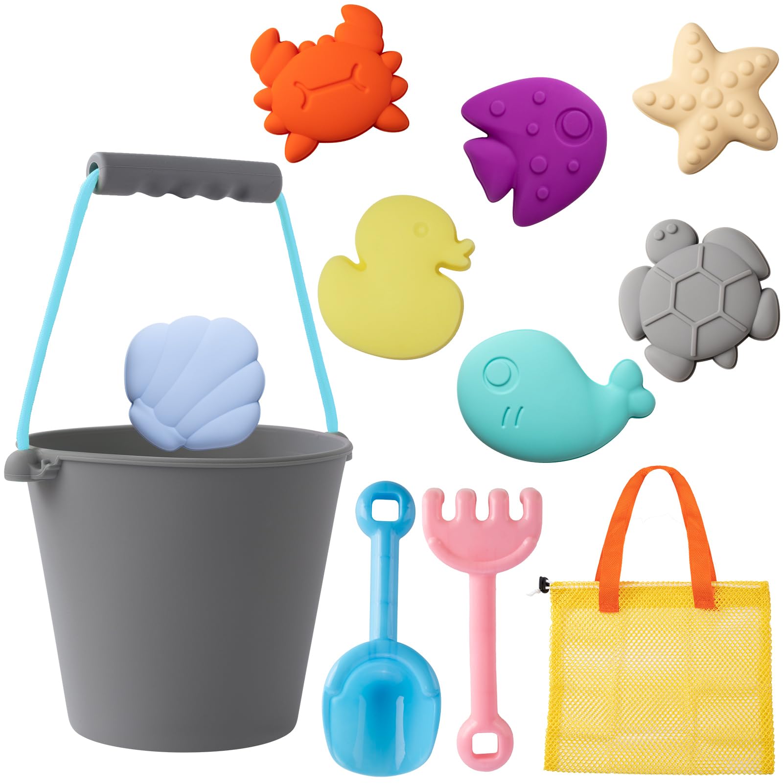 mandoo Silicone Beach Toys Collapsible Beach Buckets Beach Toys for Kids, Bucket and Shovels Set with Mesh Bag Sand Molds (Grey 7 Sand molds)