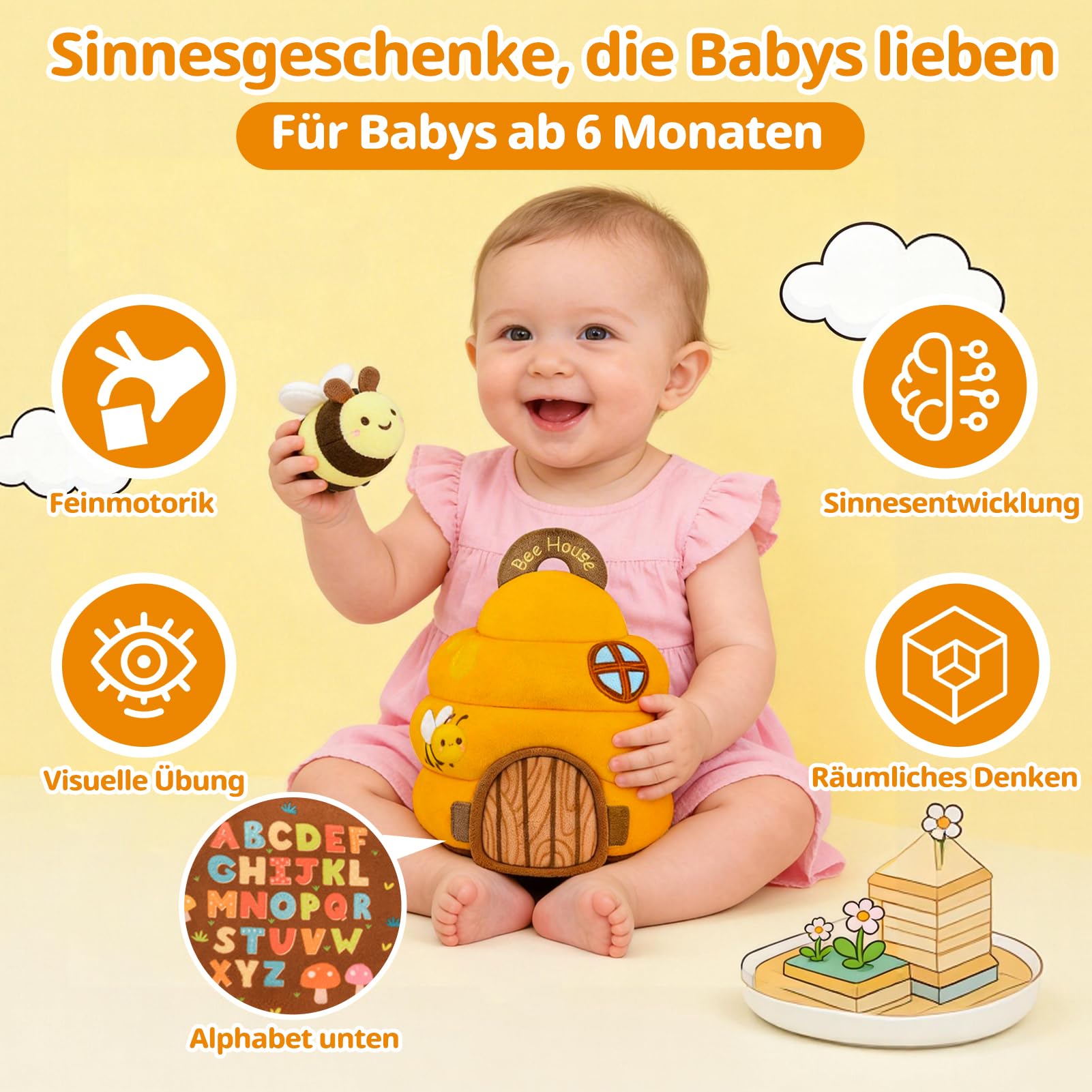 Giocattoli per bambini 6-12 mesi, alveare con 5 api giocattolo, montessori sensoriale giocattolo con musica, sonaglio, specchio, giochi educativi per bambini e giocattoli motorie, regali per bambini 1
