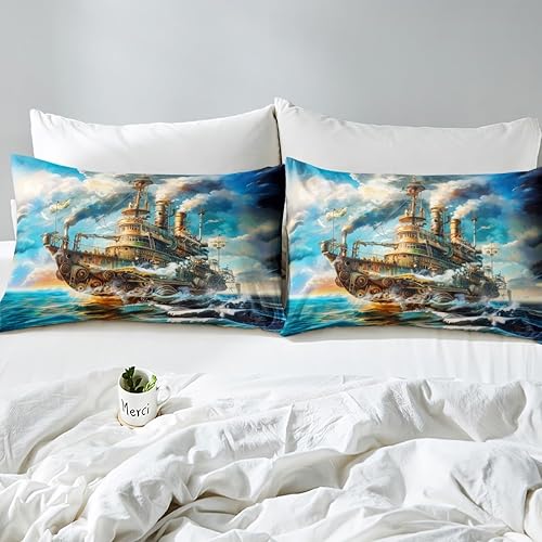 Miniatura 5 de Juego de funda de edredón retro para niños, tamaño individual, locomotora de vapor, aventura náutica del océano, decoración de habitación de niñas y