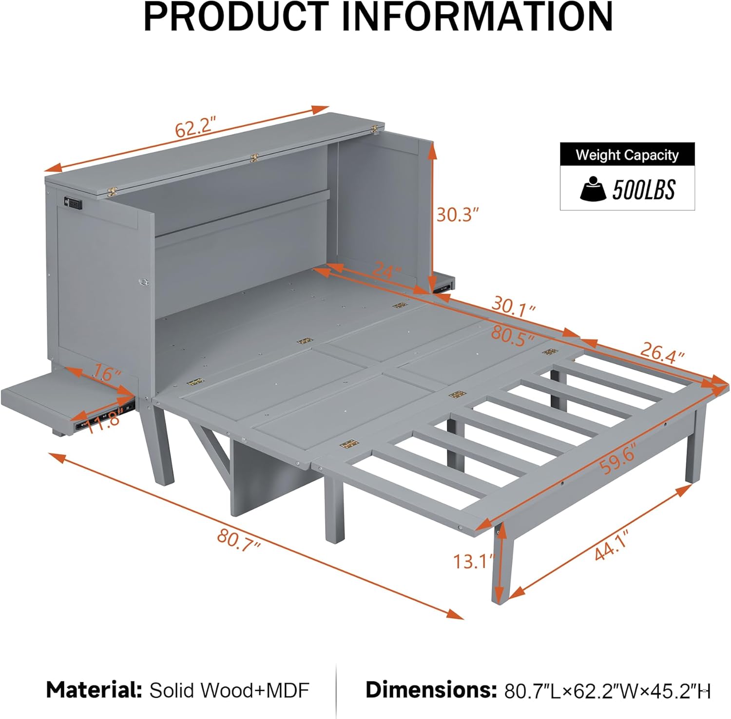 Merax Queen Size Murphy Bed with USB Port and Removable Shelves on Each Side,Solid Wood, Grey