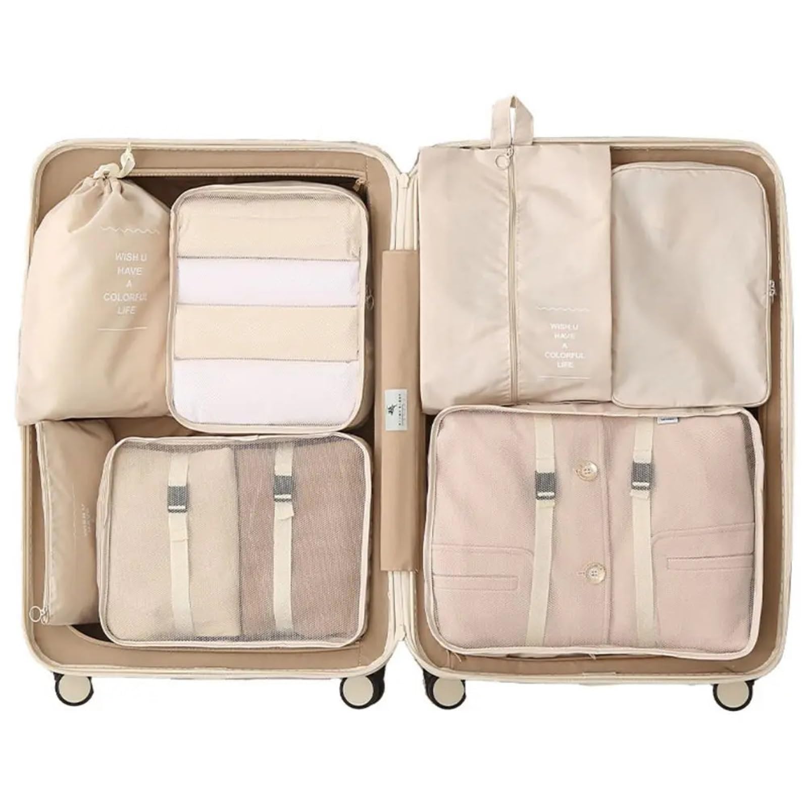 Set di 7 contenitori portaoggetti da viaggio essenziali for articoli da toeletta e trucco, valigia, abbigliamento, scarpe e biancheria intima. Per Risparmiare Spazio Nella Valigia(Pink)