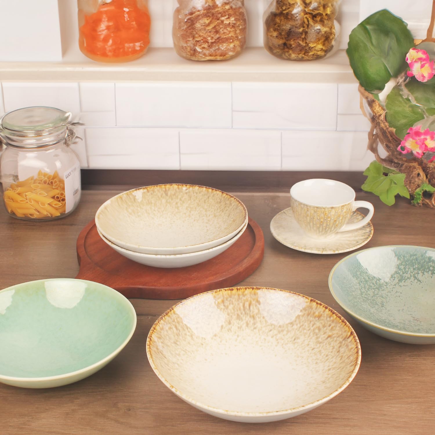 Lot de 4 bols à pâtes en céramique - Assiettes à salade et pâtes - Grands bols de service pour le divertissement, passent au micro-ondes et au lave-vaisselle, pour restaurants haut de