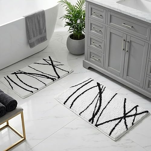 Miniatura 17 de Tititex Alfombra de baño de lujo de línea curva blanca y negra, 24 x 36 pulgadas, alfombra de baño de microfibra extra suave y absorbente, alfombra
