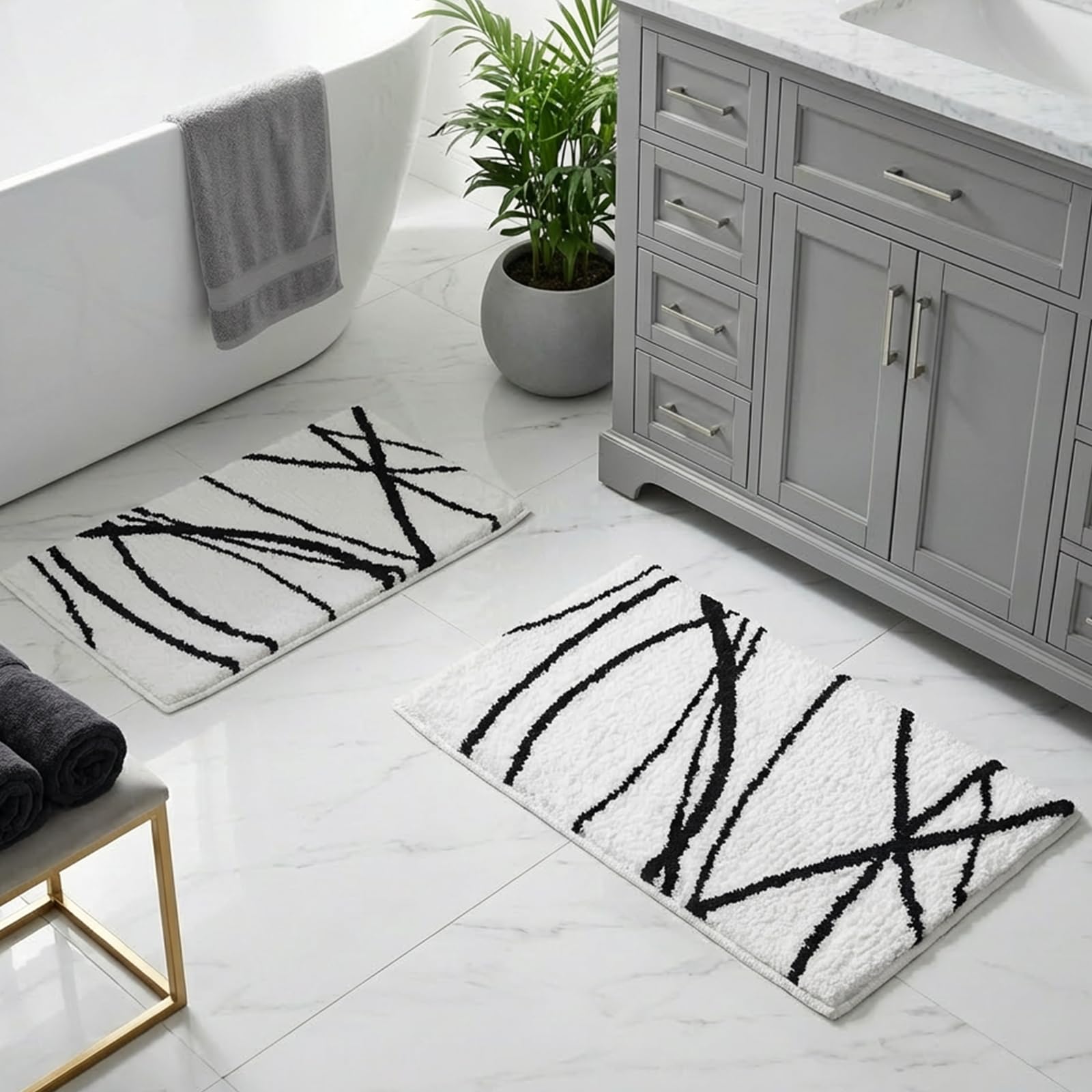 Tititex Luxury White Black Curve Line Bathroom Rug Set, 20x32 inch + 16x24 inch 2 pcs Extra Soft and Absorbent Microfiber Bath Rugs, Non-Slip Plush