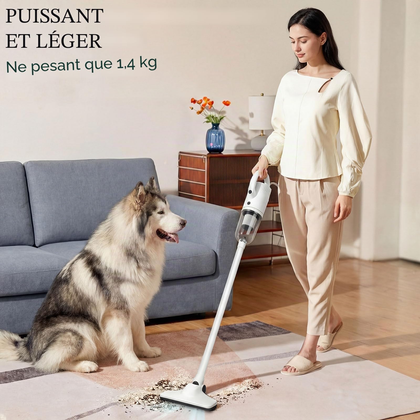 2-en-1 Léger Aspirateur Filaire, Aspirateur à Main et Balai avec Aspiration Puissante, Filtre Lavable et Grand Réservoir à Poussière, Idéal pour Sols Durs, Tapis et Poils d’Animaux