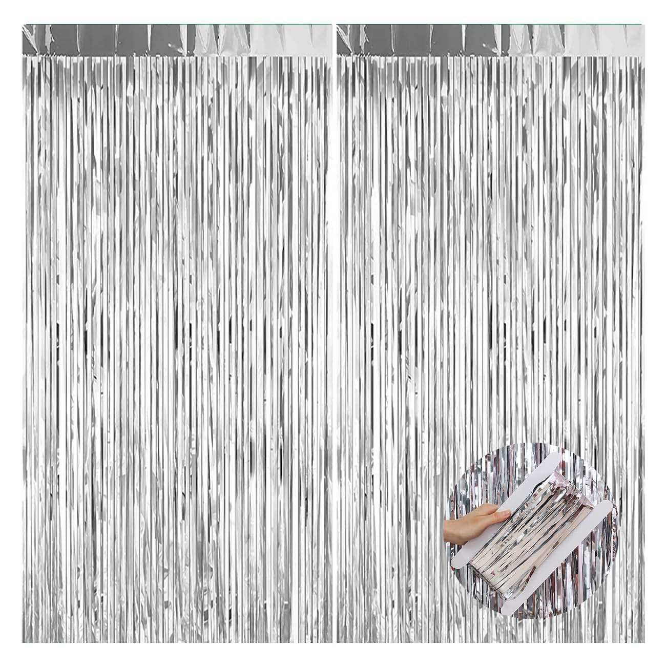 2 Pack Silver Foil Tinsel Curtain(3.2ftx 8.2ft),Glitter Metallic Fringe Curtain for Party Decorations Backdrop