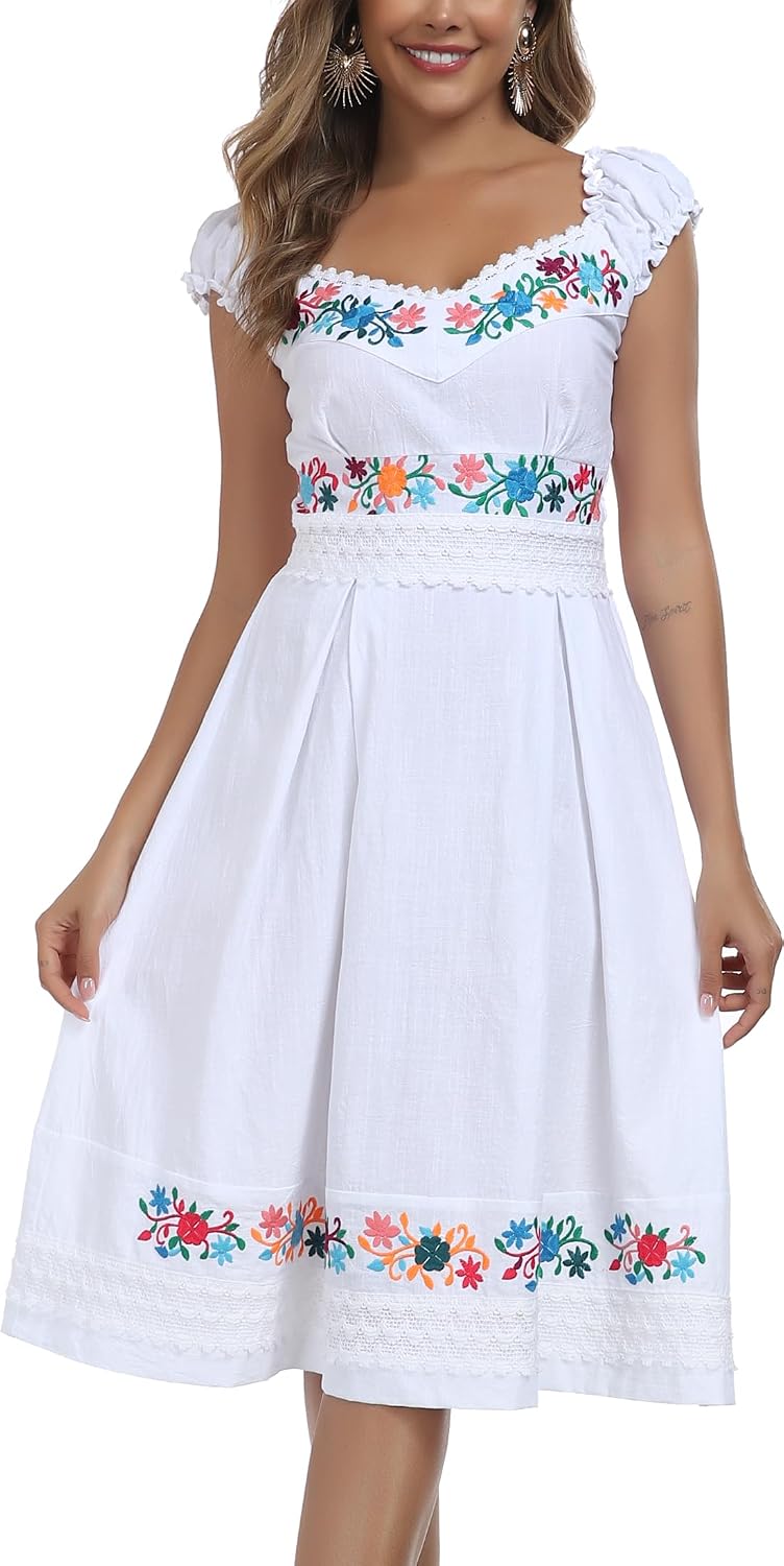 YZXDORWJ Mexican Dress for Women Embroidered Off Shoulder Peasant Cotton Dress Boho Outfit