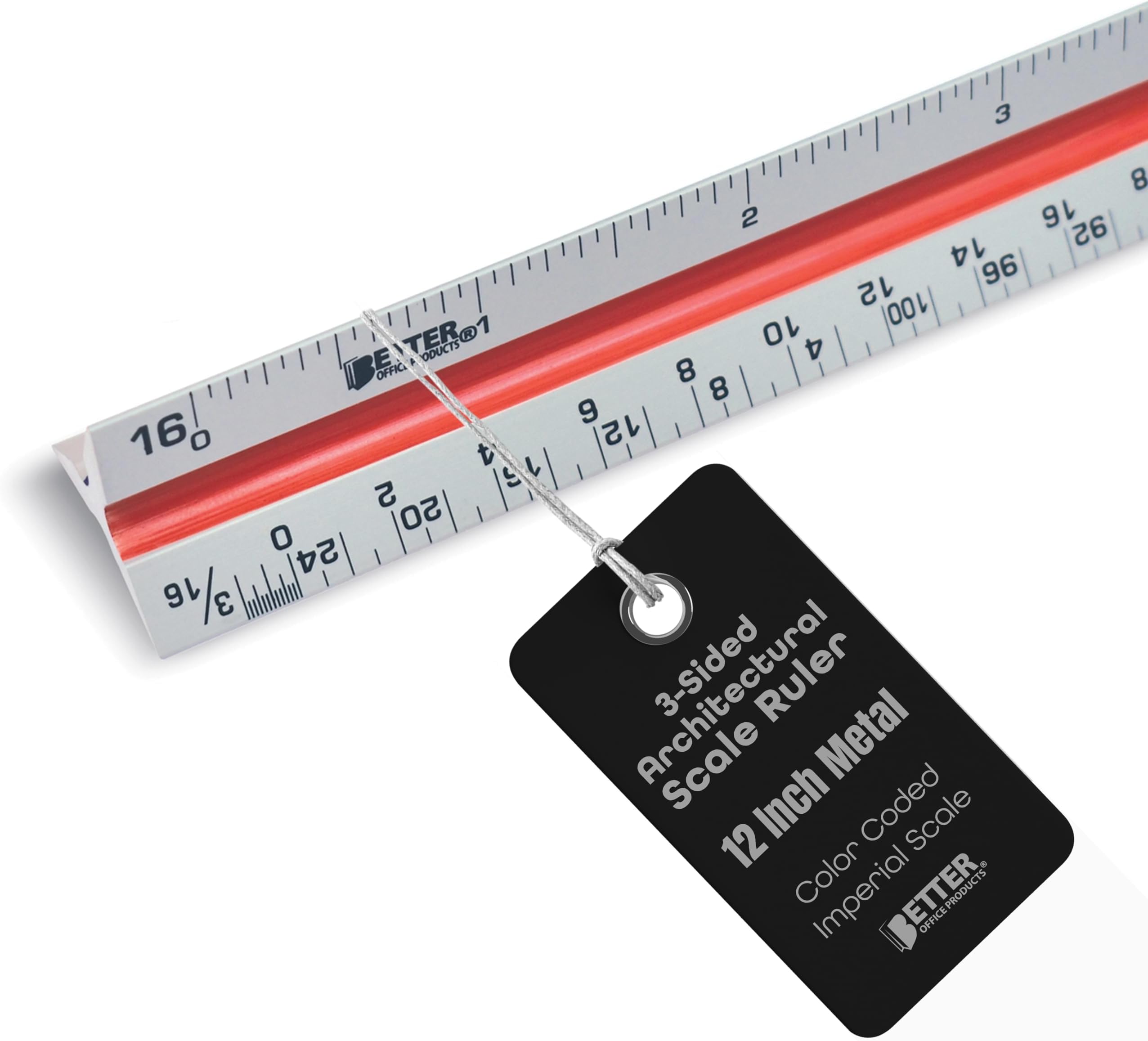Better Office Products Triangular Ruler, 12 Inch Metal, Triple Sided Color Coded, Imperial Scale, Drafting & Architect Ruler (1 Pack)