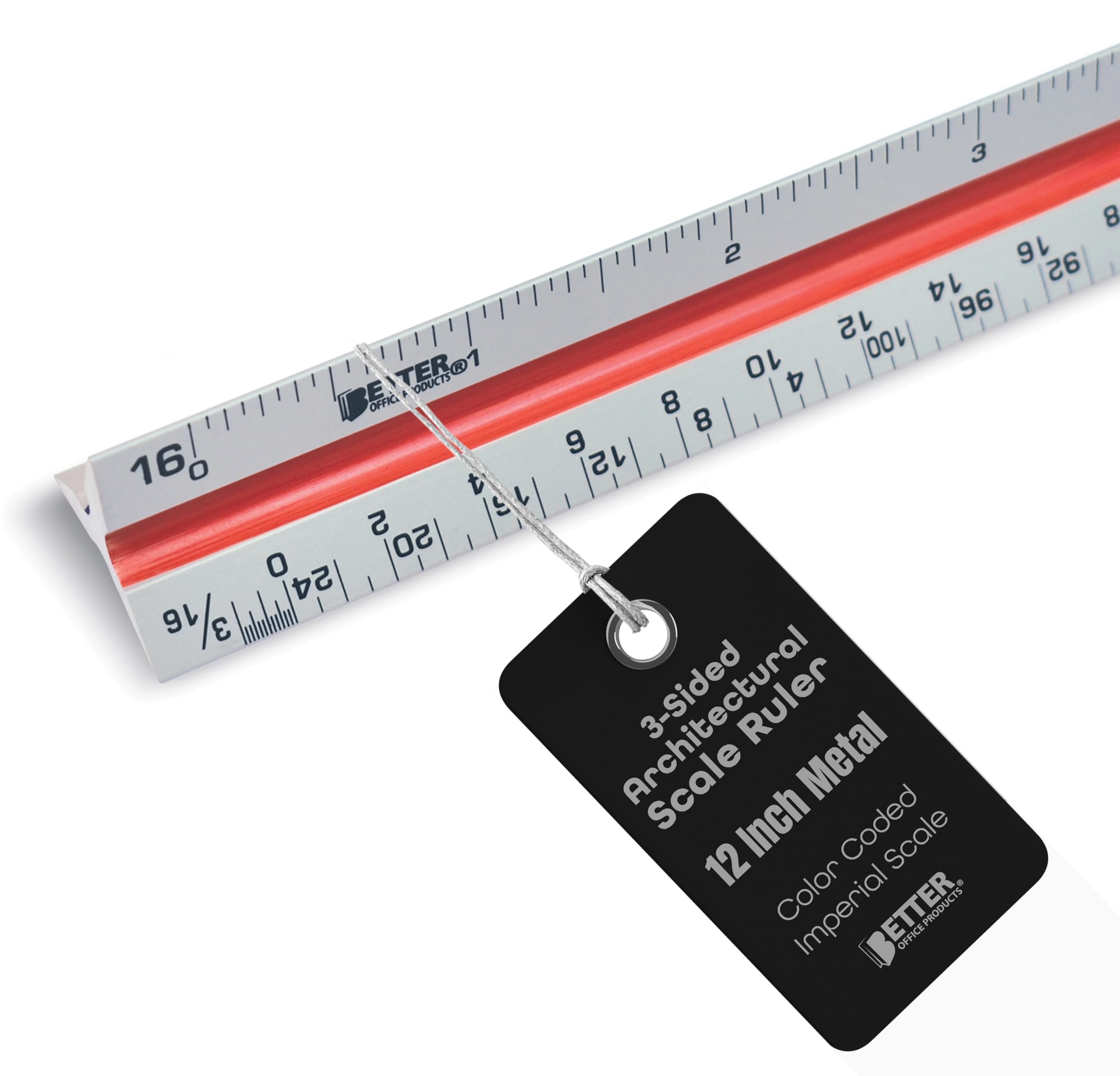Better Office Products Triangular Ruler, 12 Inch Metal, Triple Sided Color Coded, Imperial Scale, Drafting & Architect Ruler (1 Pack)