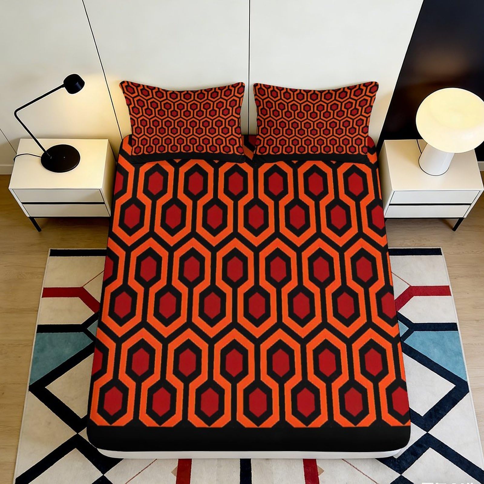 Pnayamiorkfel Style-2 3D Printed Retro Hexagon Pattern Fitted Sheet Microfiber Non Slip Mattress Cover Orange Black Geometric Bed Decor For Bedroom Guest Room 90X200x25cm
