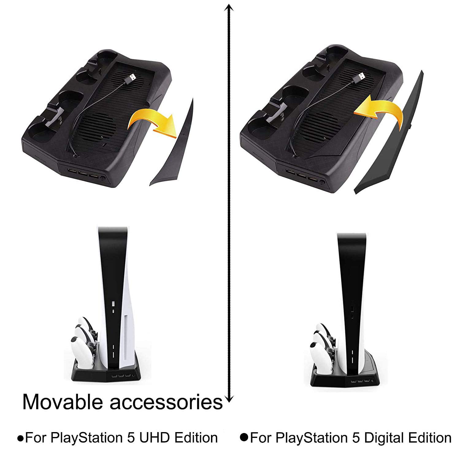 Supporto verticale ventola di raffreddamento per Playstation 5, caricatore doppio controller per PS5 Dualsense con indicatori LED e 14 slot per giochi per PS5 Digital Edition/Ultra HD